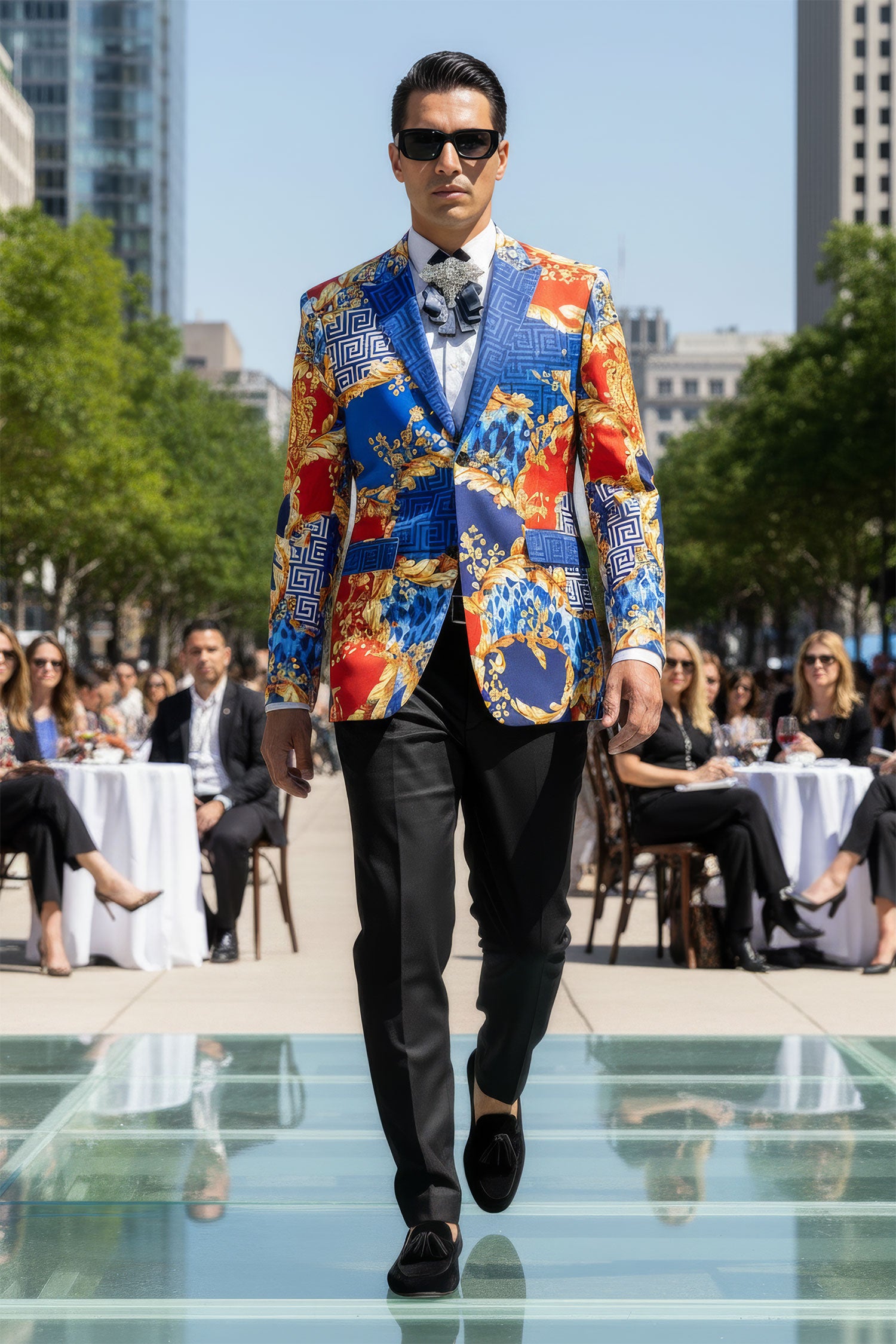 BARABAS Men's Baroque Greek Pattern Floral Rhinestone Baroque Blazer JSP201 Multi