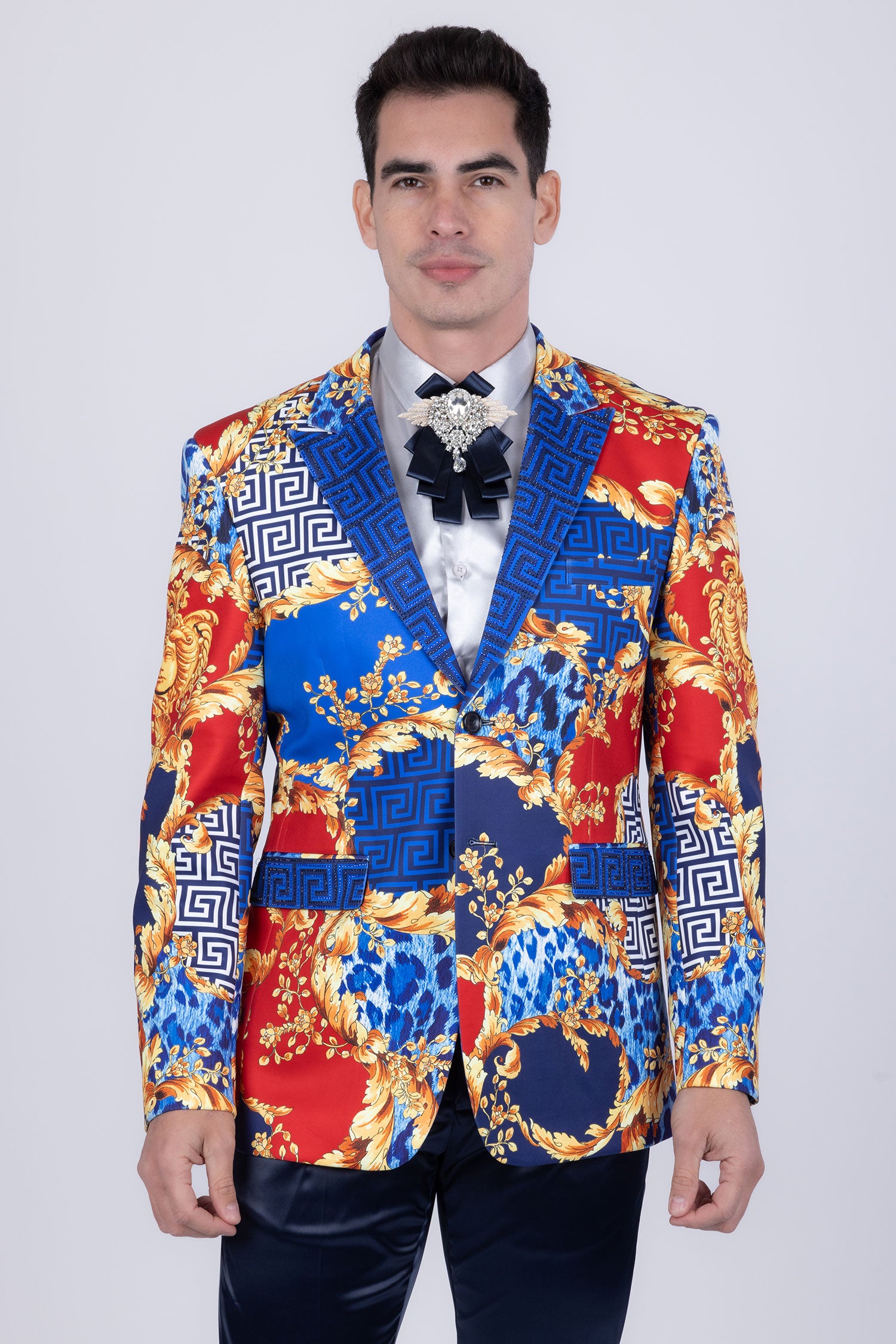 BARABAS Men's Baroque Greek Pattern Floral Rhinestone Baroque Blazer JSP201 Blue