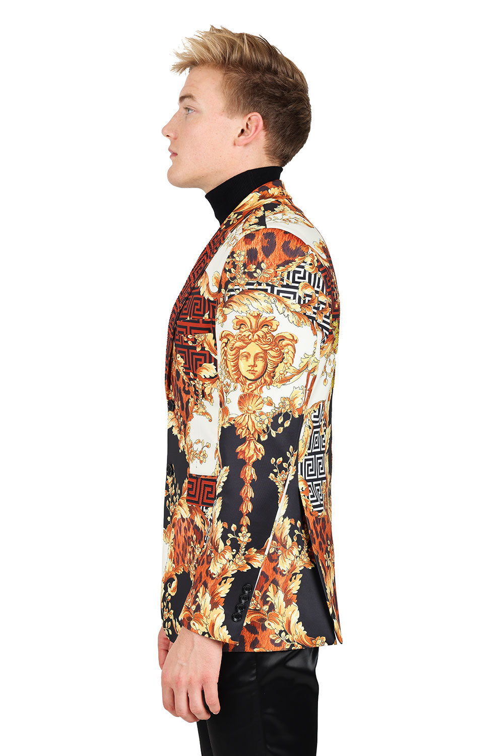 BARABAS Men's Baroque Greek Pattern Floral Rhinestone Baroque Blazer JSP201 Saddle