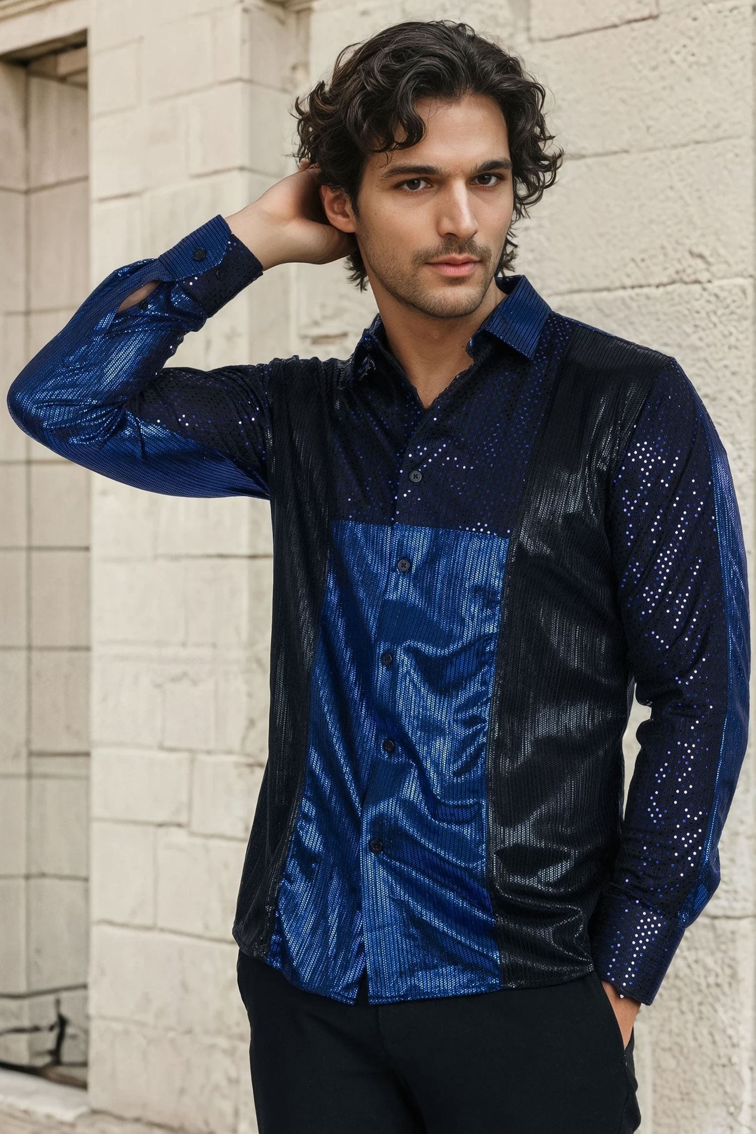 BARABAS Men's Two Tone Shiny Luxury Button Down Long Sleeve Shirt B312 Black Royal 