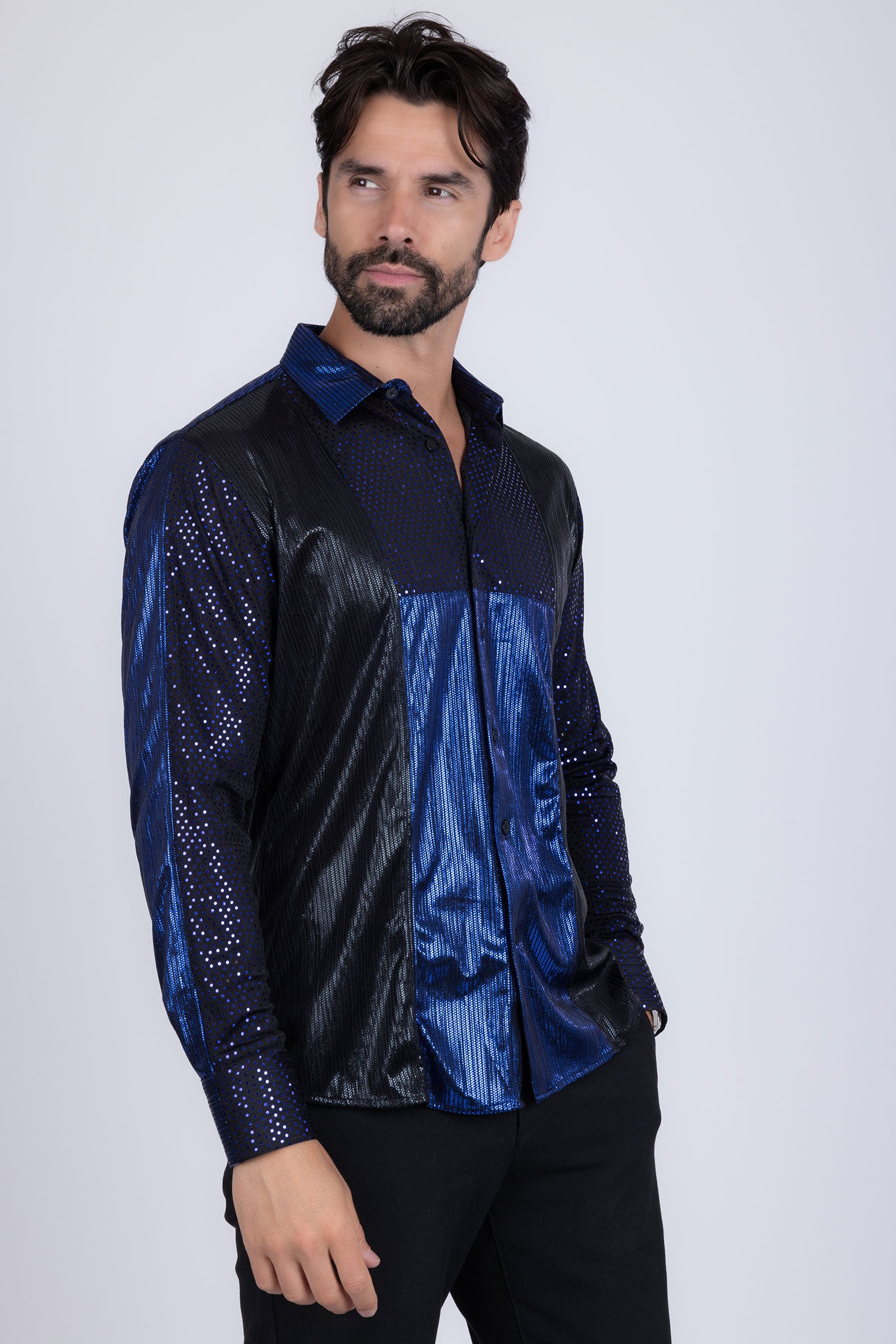 BARABAS Men's Two Tone Shiny Luxury Button Down Long Sleeve Shirt B312 Black Royal 