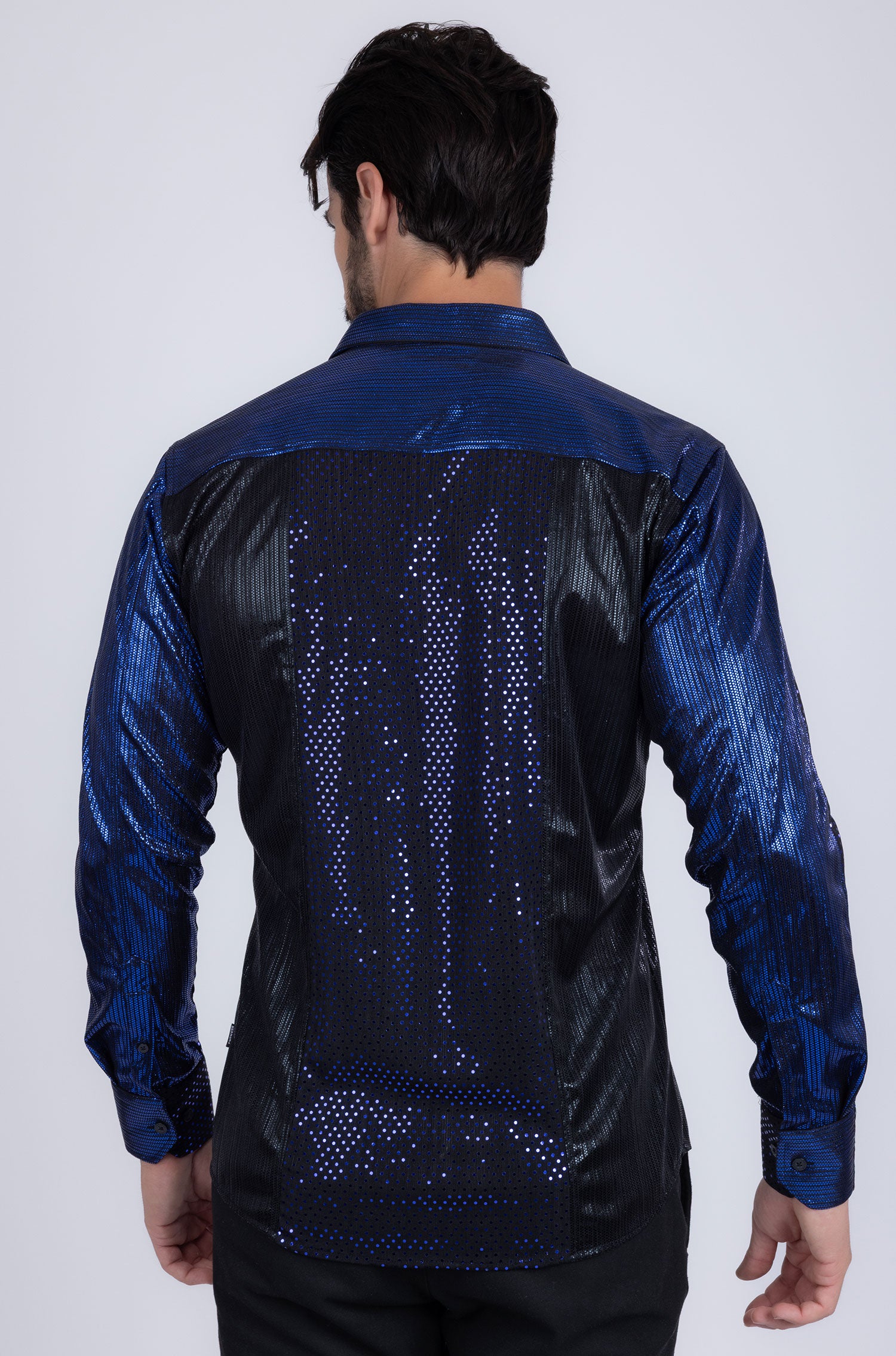 BARABAS Men's Two Tone Shiny Luxury Button Down Long Sleeve Shirt B312 Black Royal 