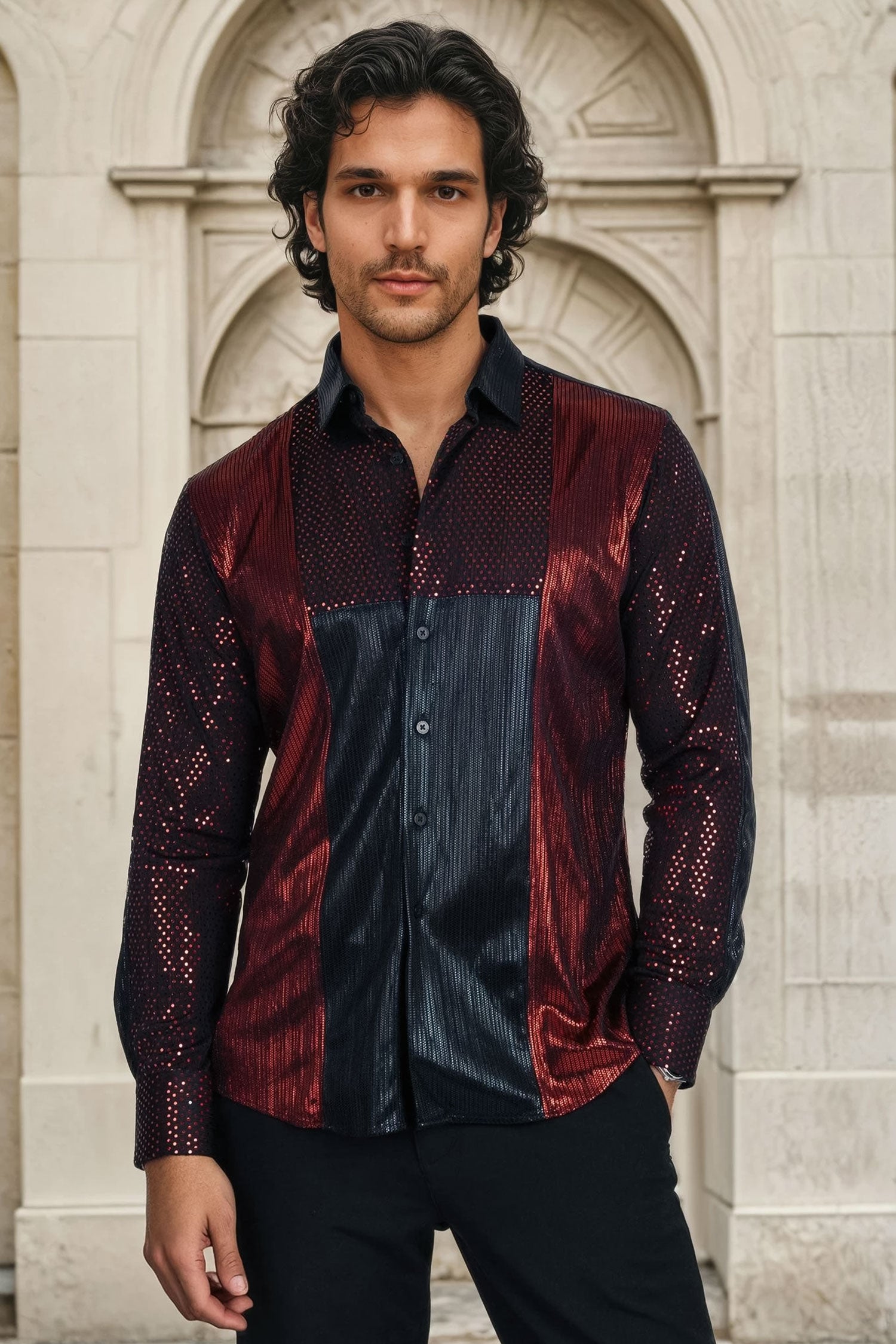 BARABAS Men's Two Tone Shiny Luxury Button Down Long Sleeve Shirt B312 Black Red