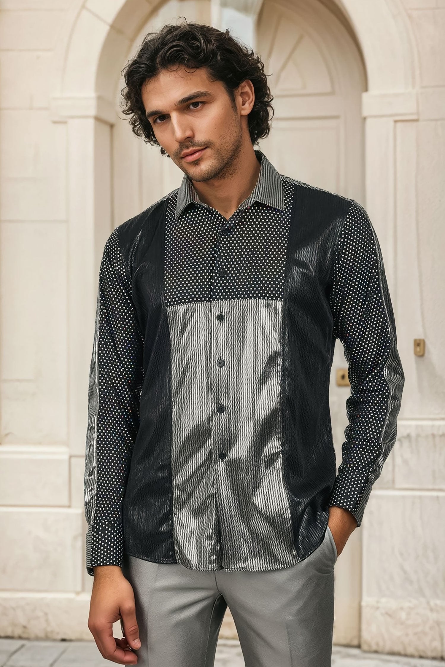 BARABAS Men's Two Tone Shiny Luxury Button Down Long Sleeve Shirt B312 Silver