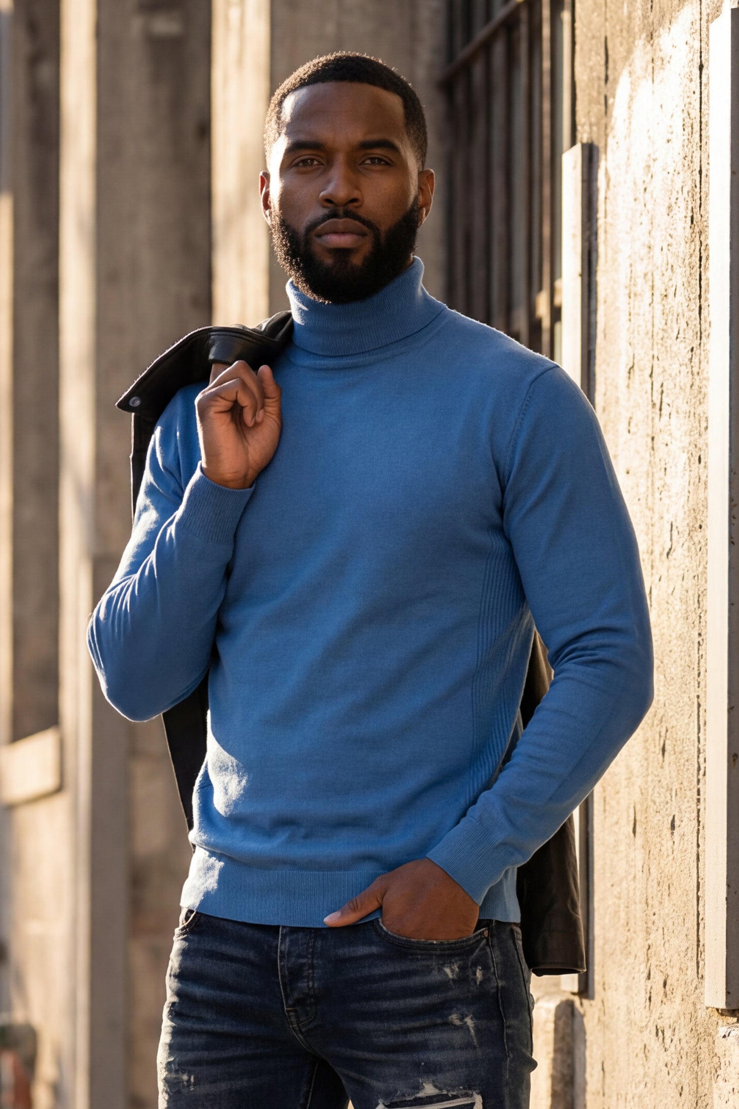 Men's Turtleneck Ribbed Solid Color Basic Sweater LS2100 Blue