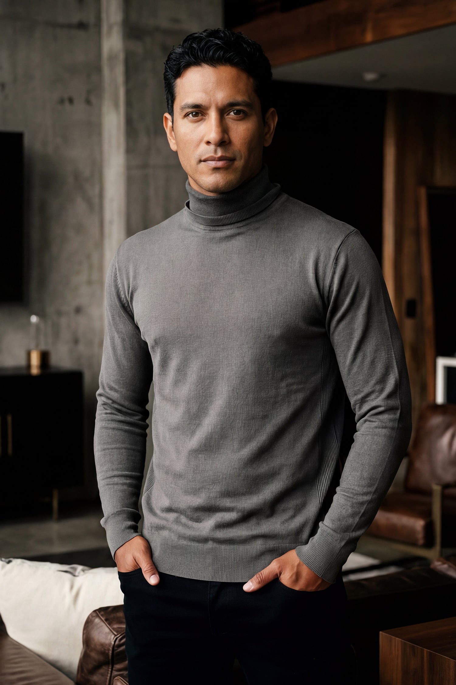 Men's Turtleneck Ribbed Solid Color Basic Sweater LS2100 Charcoal