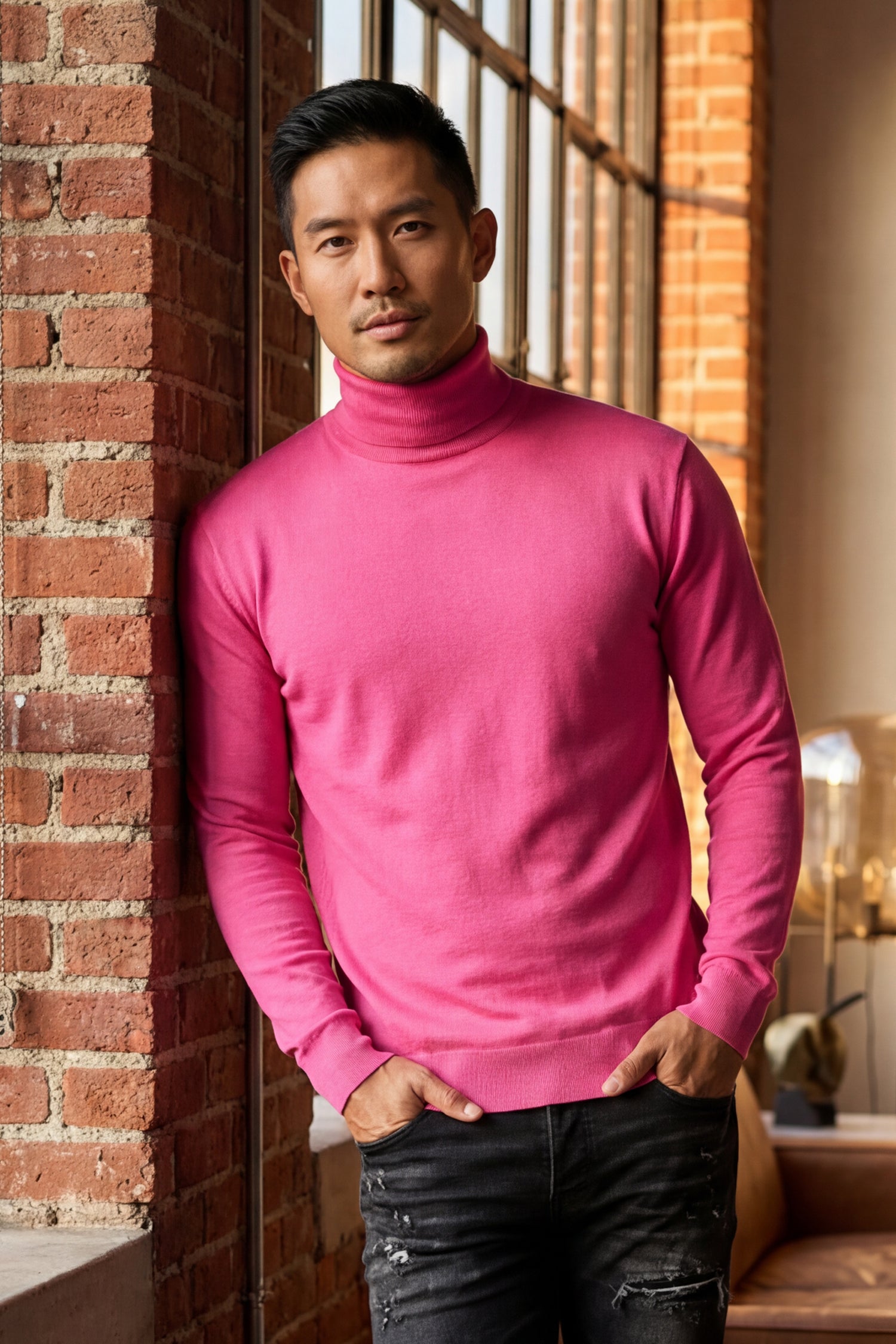 Men's Turtleneck Ribbed Solid Color Basic Sweater LS2100 Magenta