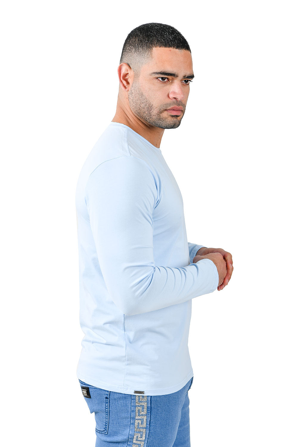 Barabas Men's Solid Color Crew Neck Sweatshirts LV127 Sky Blue