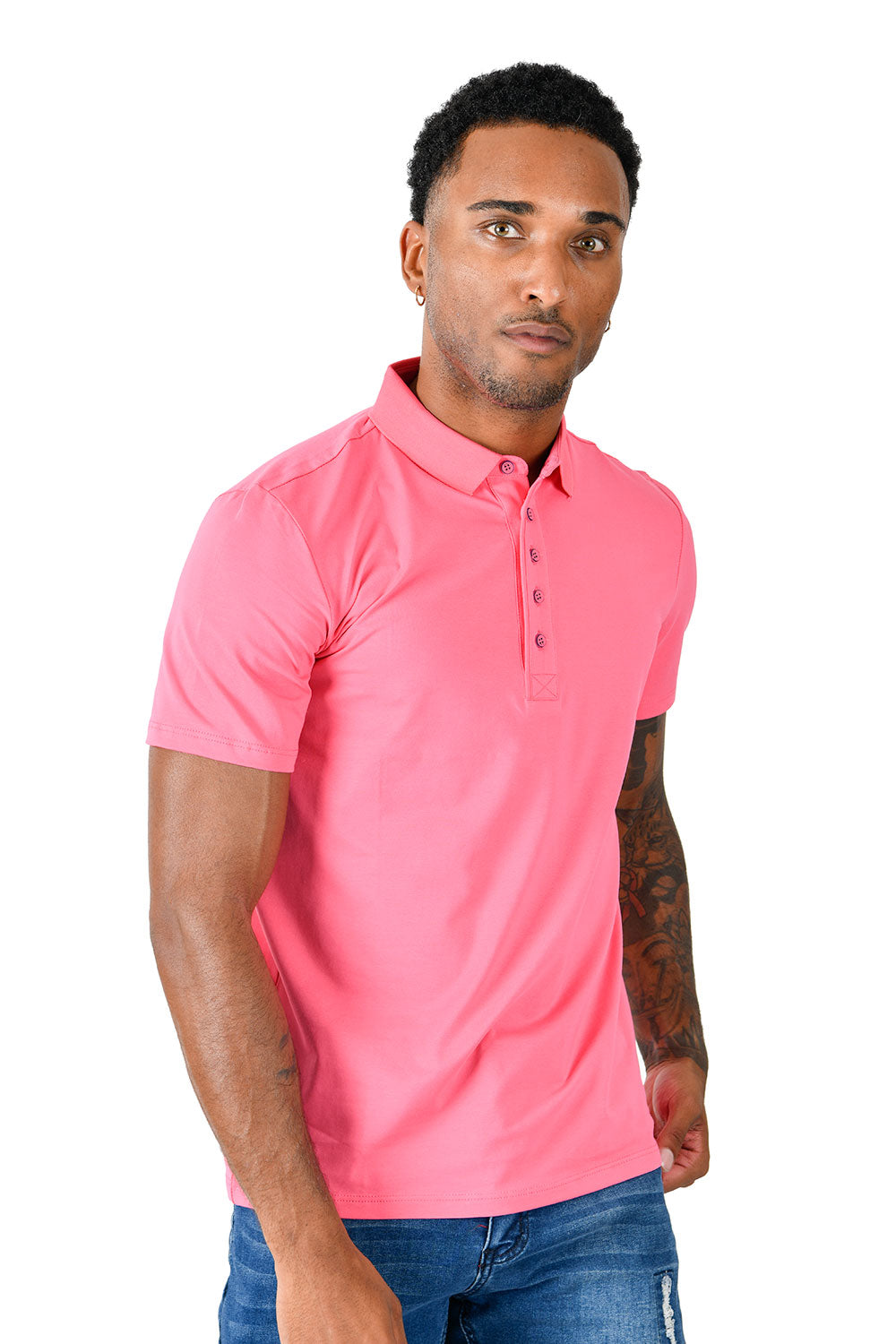 Barabas Men's Solid Color Print Graphic Tee Polo Shirts PP818 Fuchsia