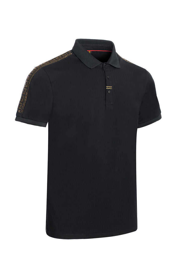 BARABAS men's Gold rhinestone Greek pattern Black polo shirt PS103
