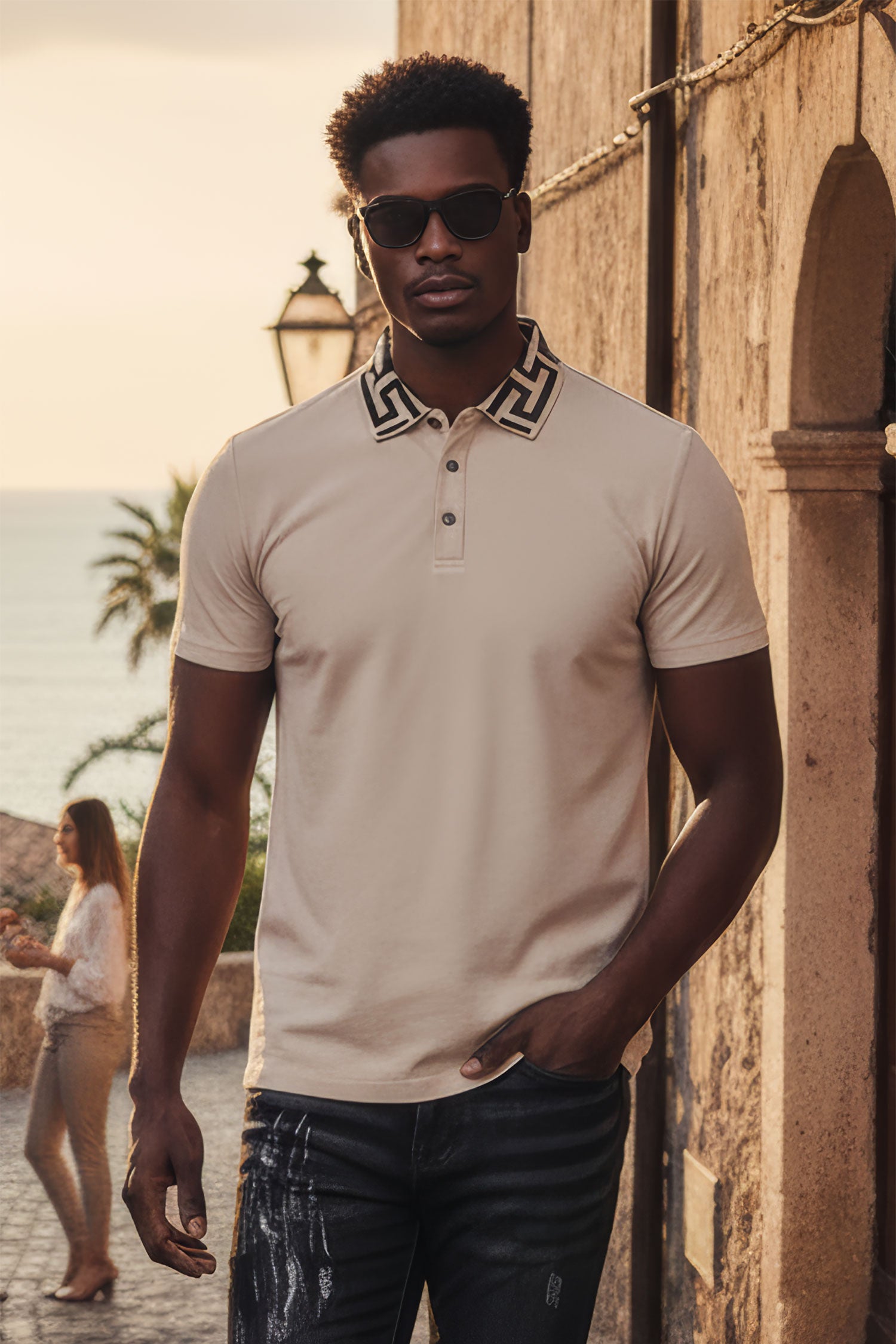 Barabas Men's Greek Key Printed Pattern Short Sleeve Shirts PS121 Beige