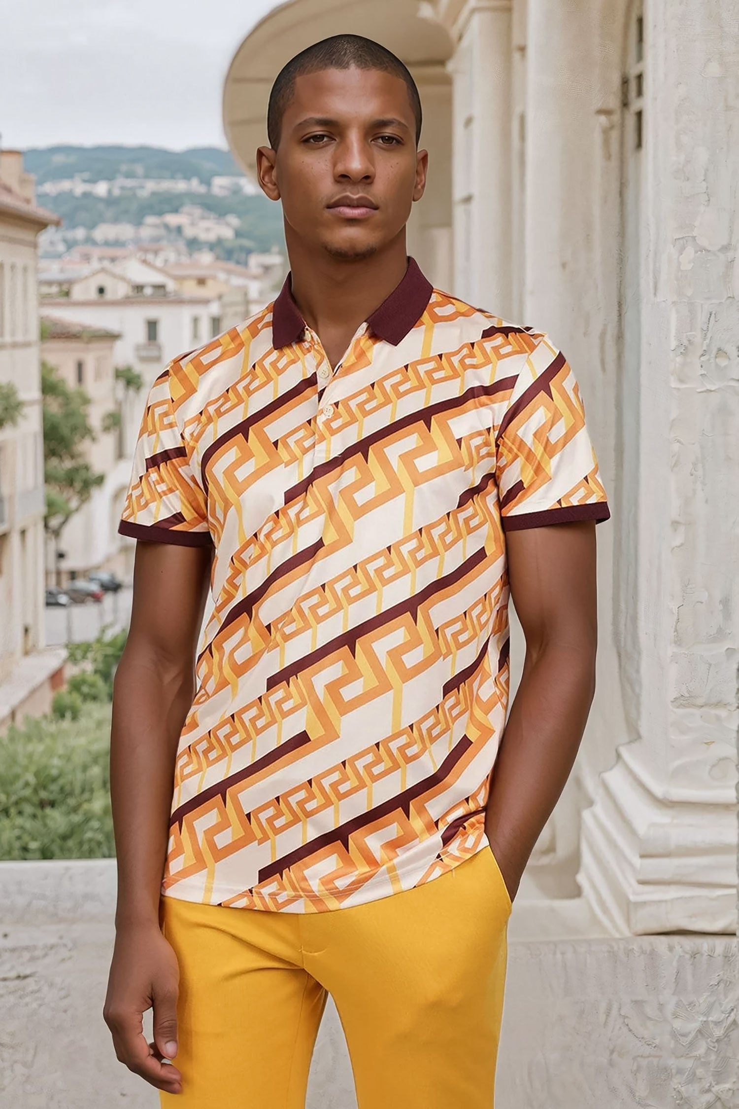 Barabas Men's Luxury Greek Key Pattern Baroque Polo Shirts PSP2030 Gold