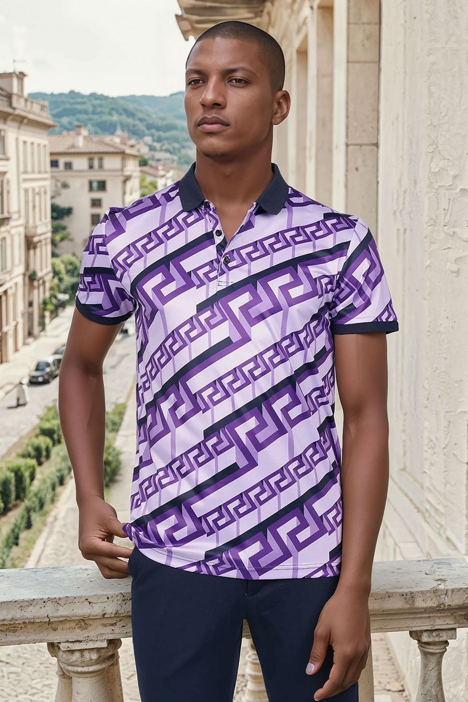 Barabas Men's Luxury Greek Key Pattern Baroque Polo Shirts PSP2030 Purple
