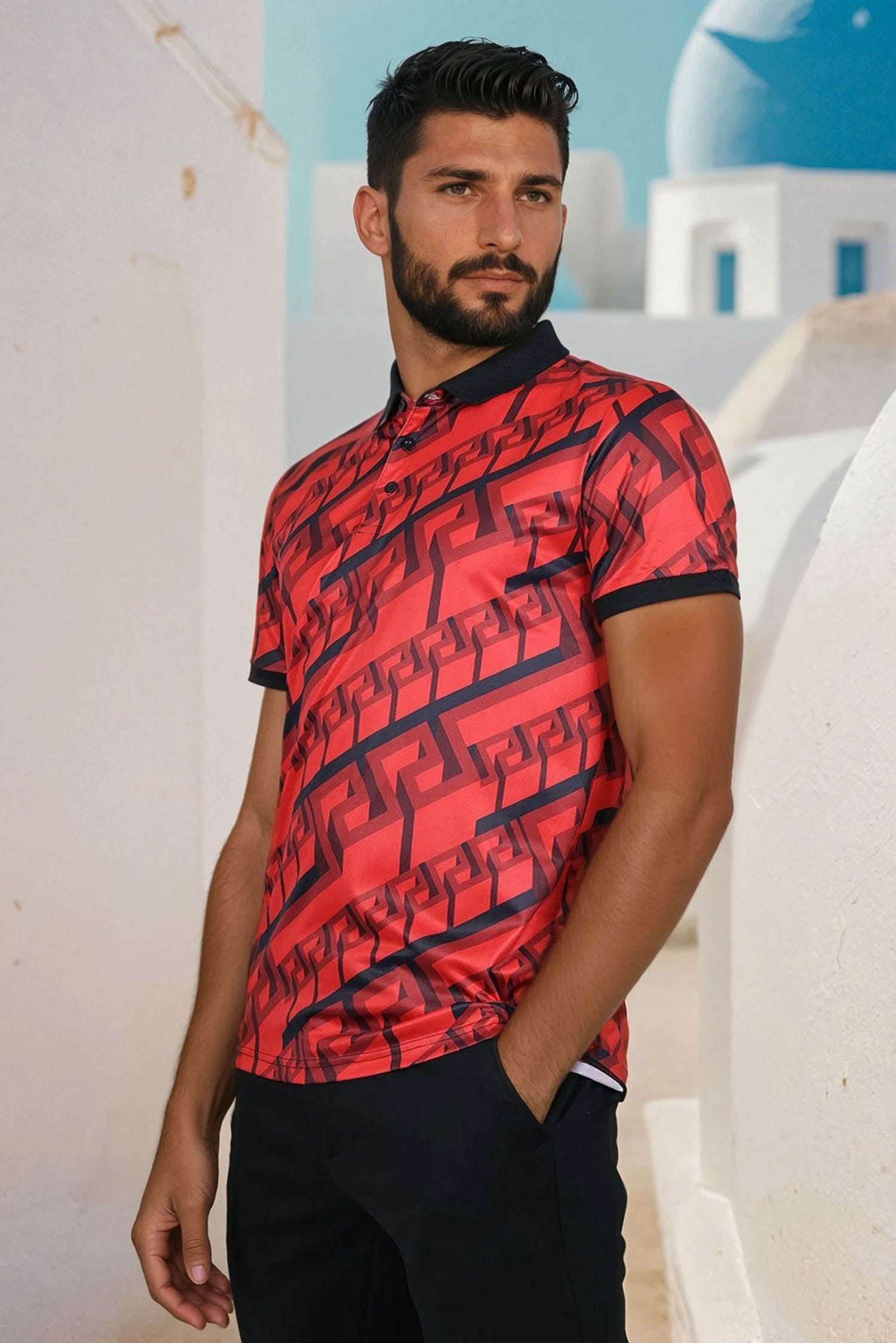 Barabas Men's Luxury Greek Key Pattern Baroque Polo Shirts PSP2030 Red Black