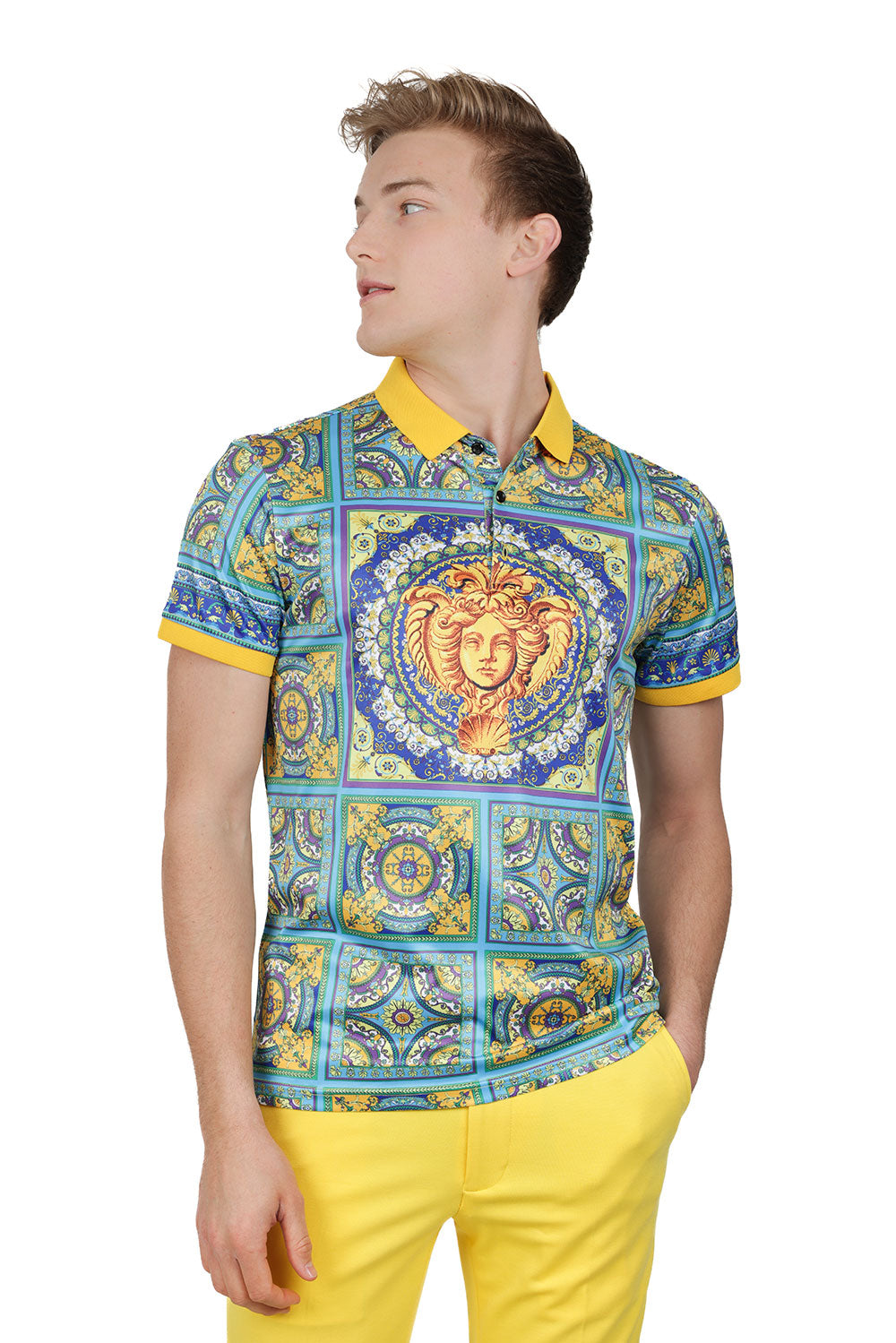 Barabas Men's Medusa Print Baroque Floral Luxury Polo Shirts PSP2033