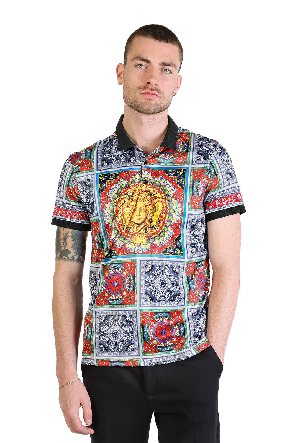 Barabas Men's Medusa Print Baroque Floral Luxury Polo Shirts PSP2033