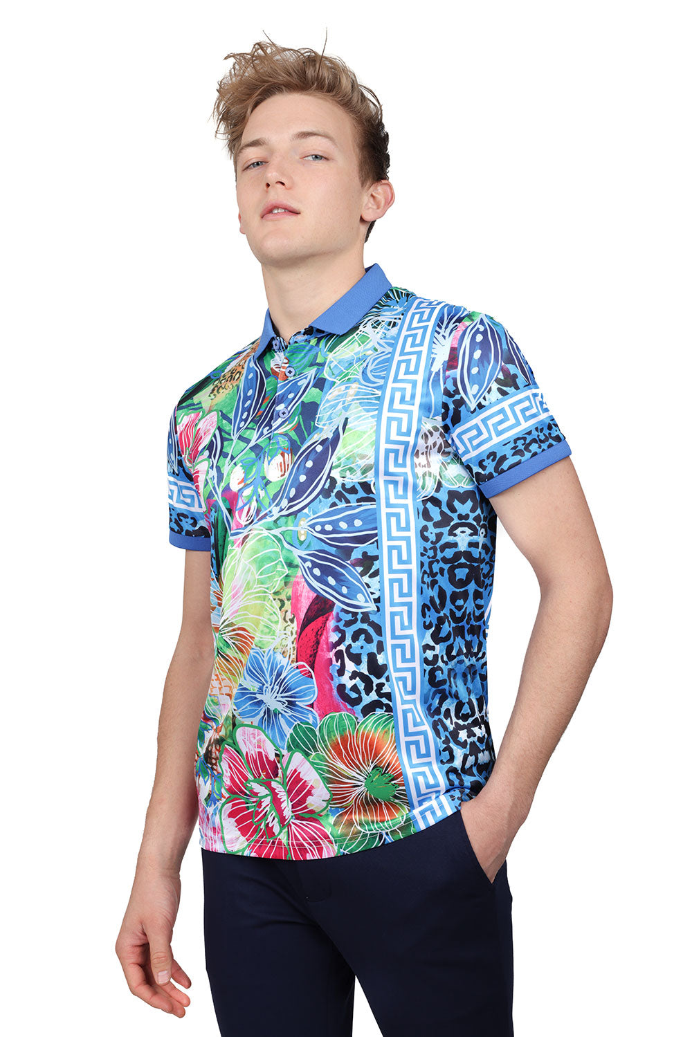 Barabas Men's Greek Pattern Baroque Floral Leopard Polo Shirts PSP2036