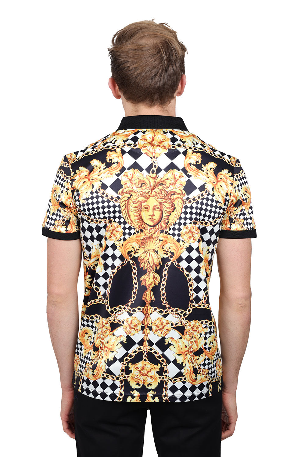 Barabas Men's Medusa Chain Checkered Floral Baroque Polo Shirt PSP2037 Gold