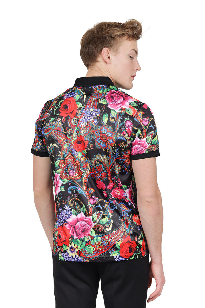 Barabas Men's Paisley Floral Print Design Luxury Polo Shirts PSP2039 Black