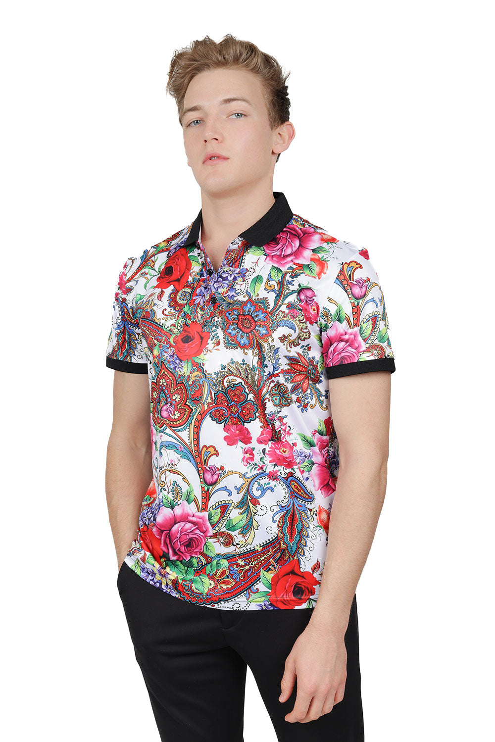 Barabas Men's Paisley Floral Print Design Luxury Polo Shirts PSP2039 White