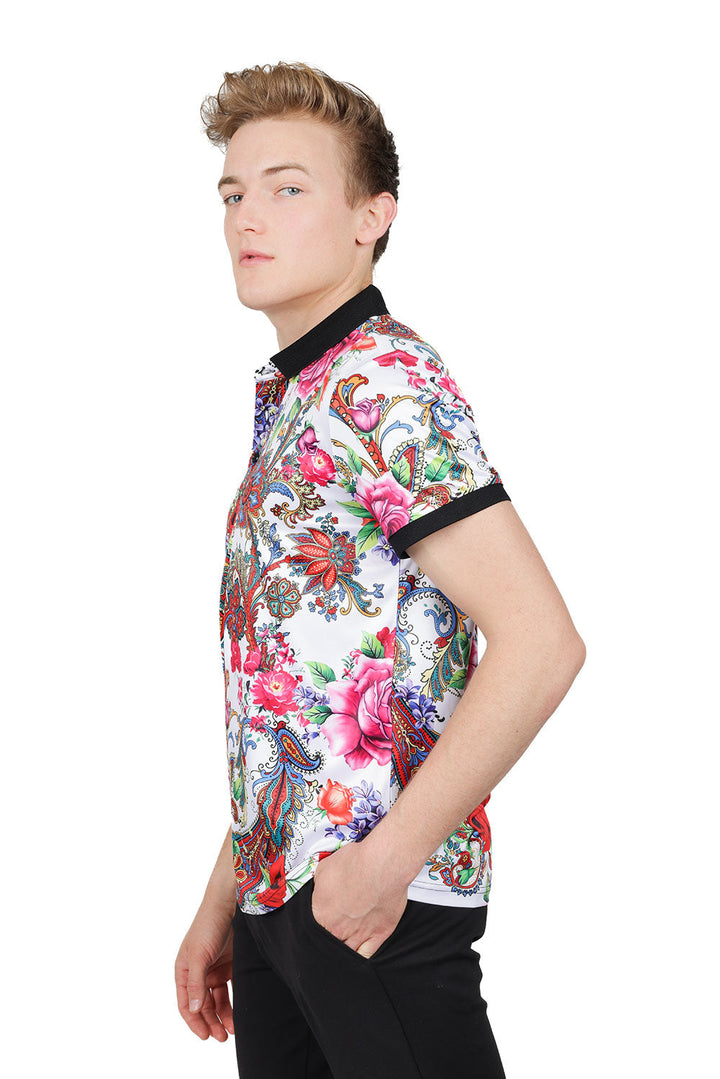 Barabas Men's Paisley Floral Print Design Luxury Polo Shirts PSP2039 White
