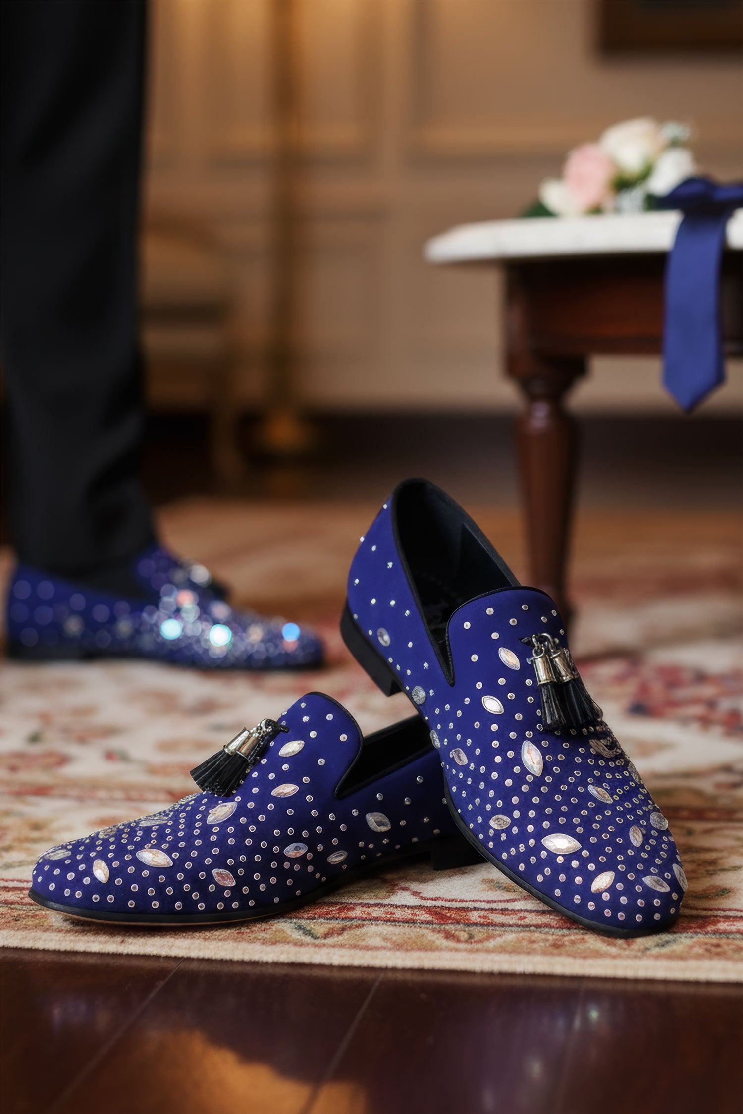 BARABAS Men's Rhinestone Dimond Tassel Loafer Dress Shoes SH3080 Royal Blue