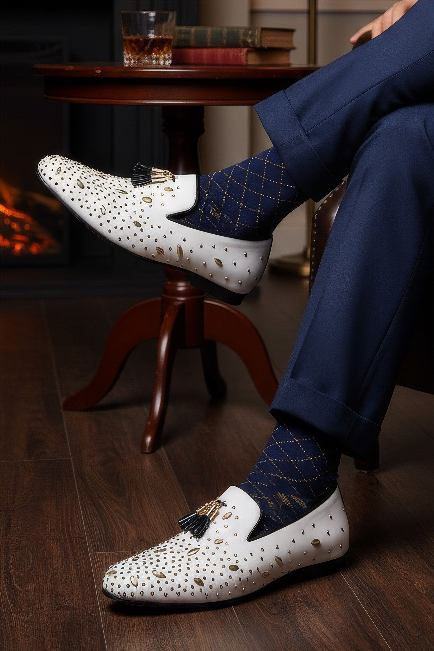 BARABAS Men's Rhinestone Dimond Tassel Loafer Dress Shoes SH3080 White Gold