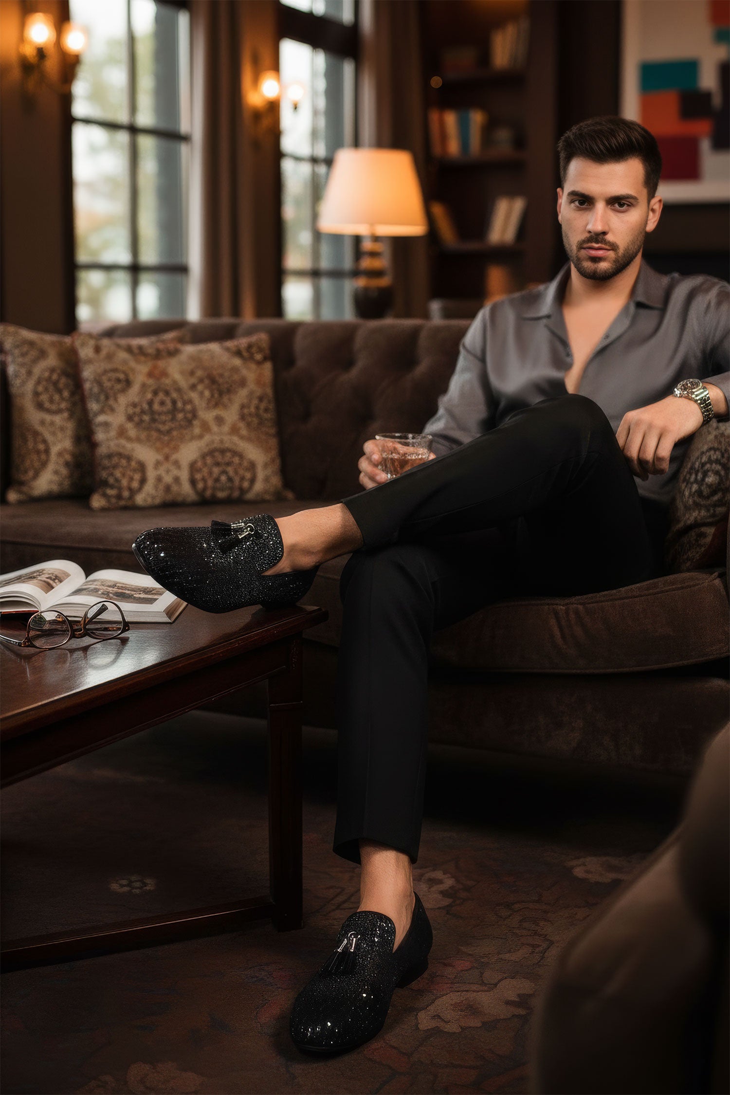 BARABAS Men's Rhinestone Sequin key Pattern Slip On Dress Shoes SH3085 Black Silver