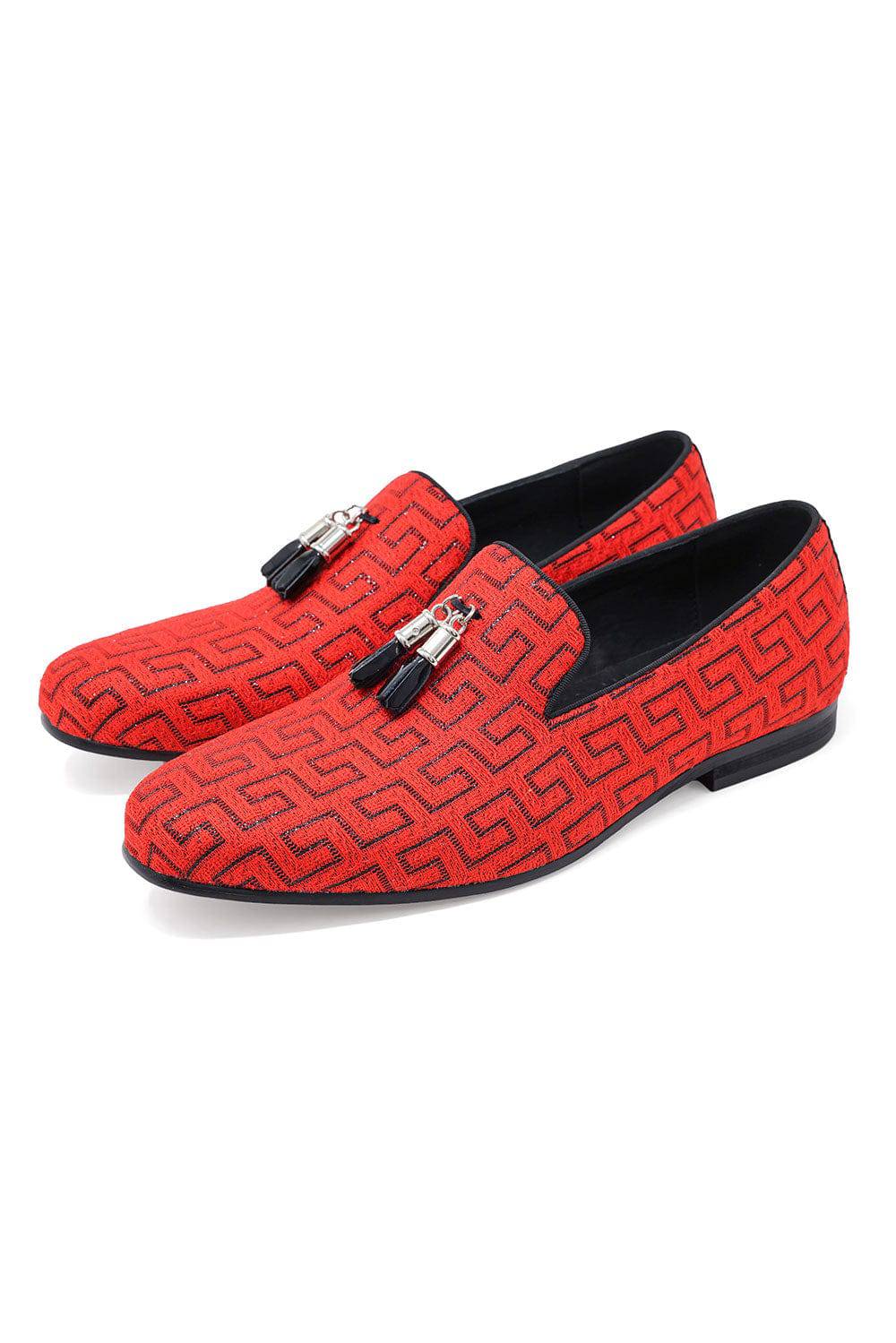 BARABAS Men's Rhinestone Greek key Pattern Tassel Loafer Shoes SH3087 Red Black