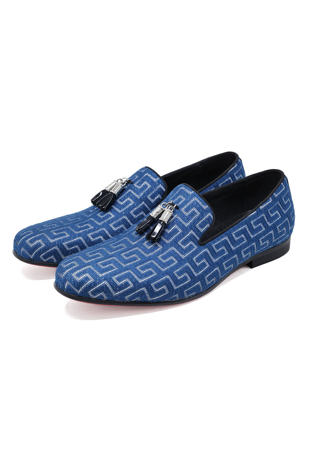 BARABAS Men's Rhinestone Greek key Pattern Tassel Loafer Shoes SH3087 Teal Silver