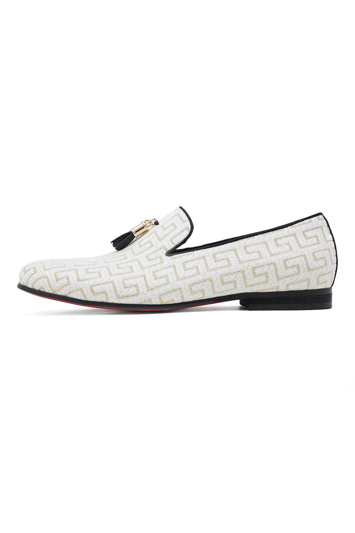 BARABAS Men's Rhinestone Greek key Pattern Tassel Loafer Shoes SH3087 White Gold