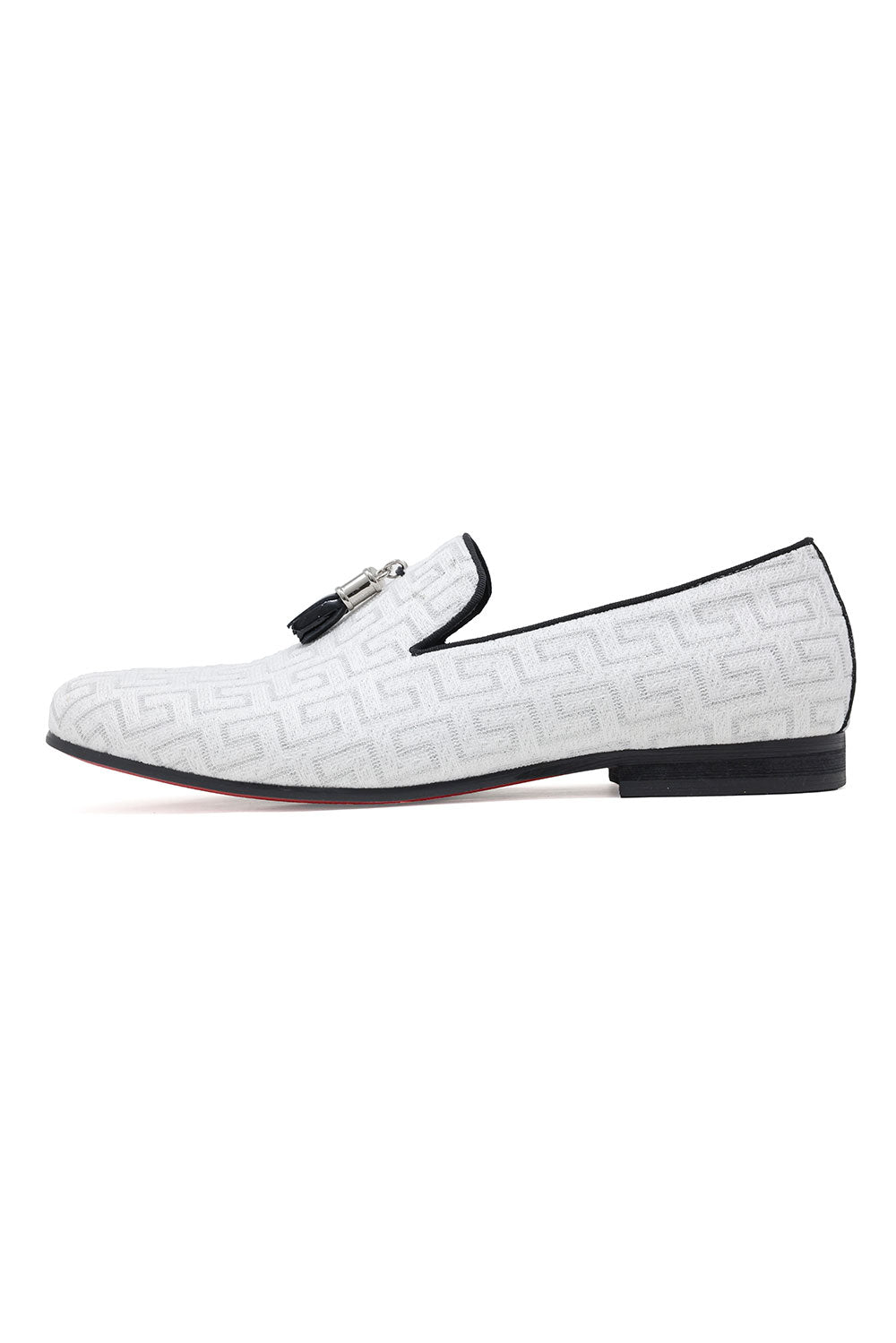 BARABAS Men's Rhinestone Greek key Pattern Tassel Loafer Shoes SH3087 White Silver