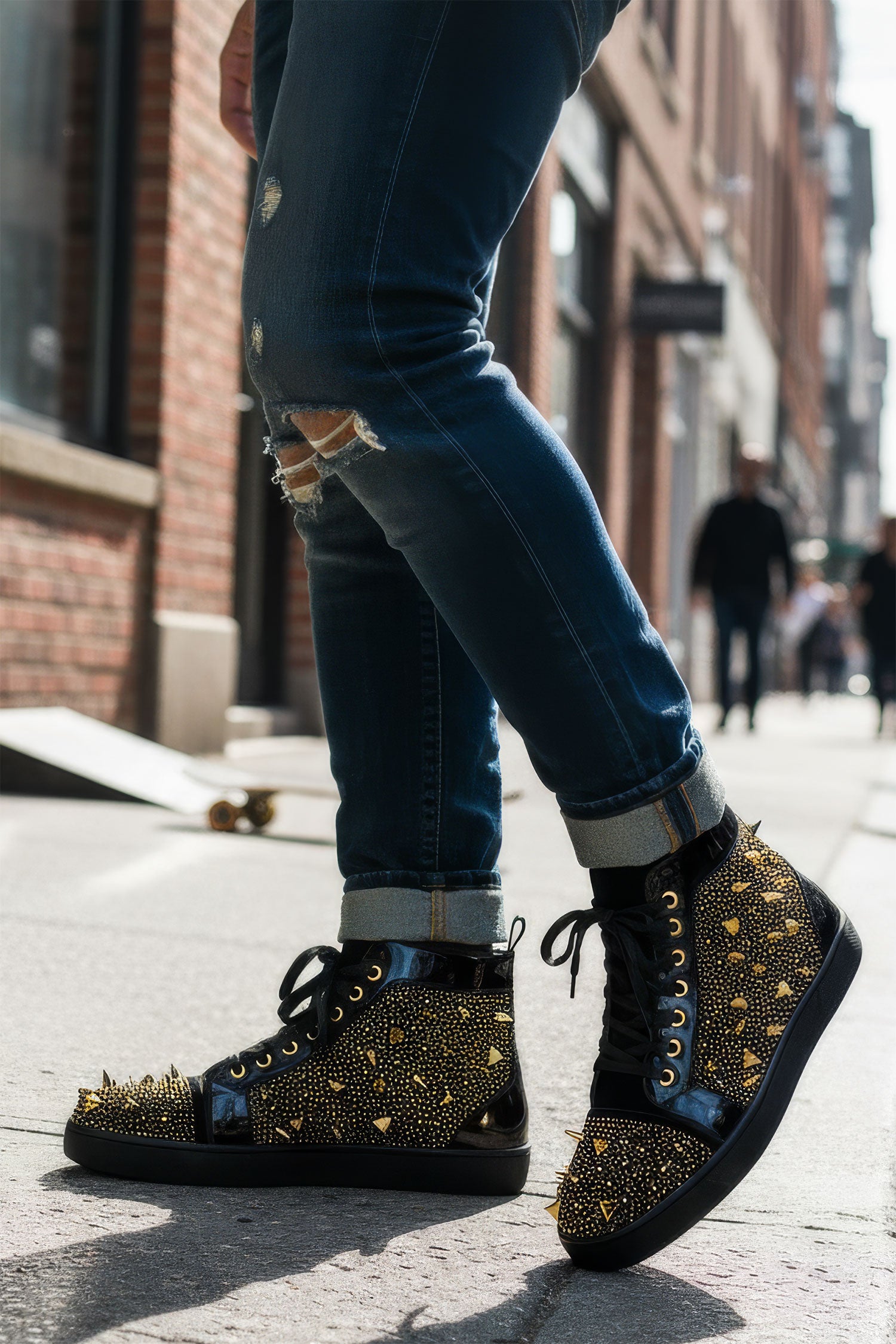 Barabas men's rhinestone spike black high-top sneakers SH715 Gold