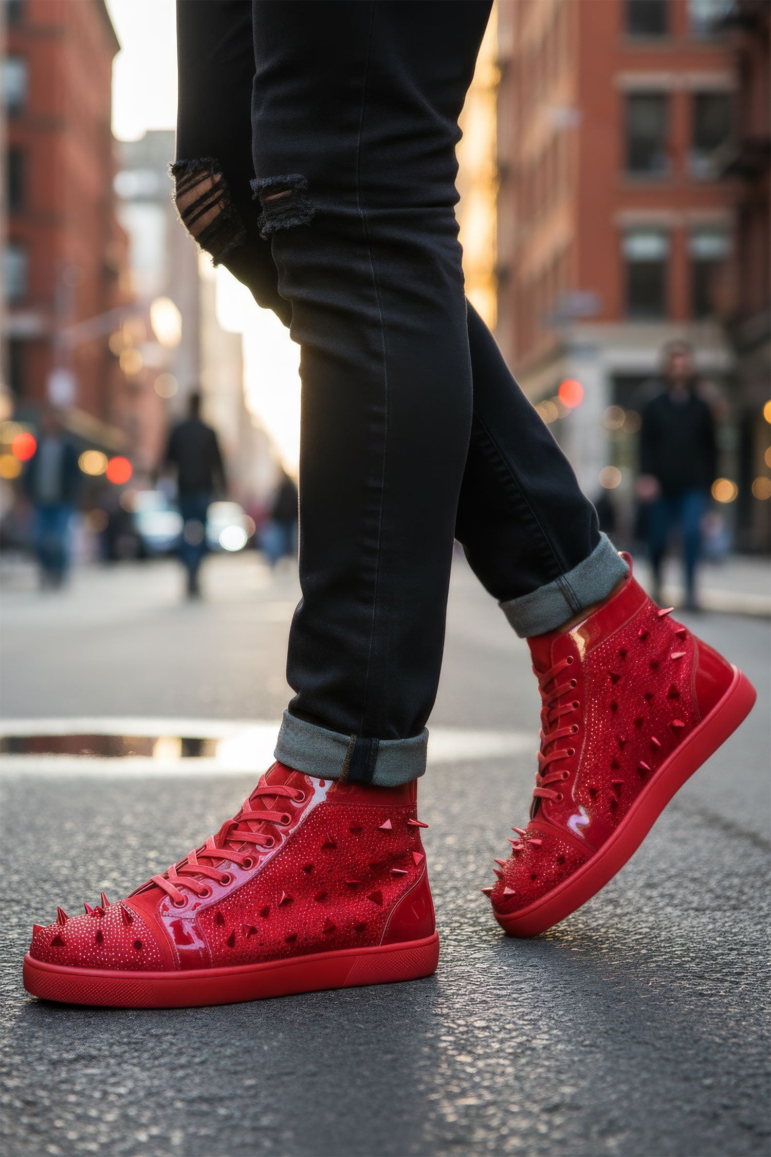 Barabas men's rhinestone spike black high-top sneakers SH715 Red