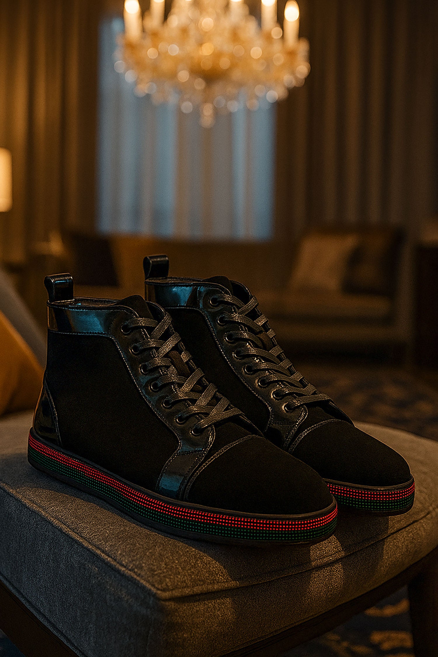 Barabas Men's Red Green Rhinestone Black Velvet Sneakers SH720
