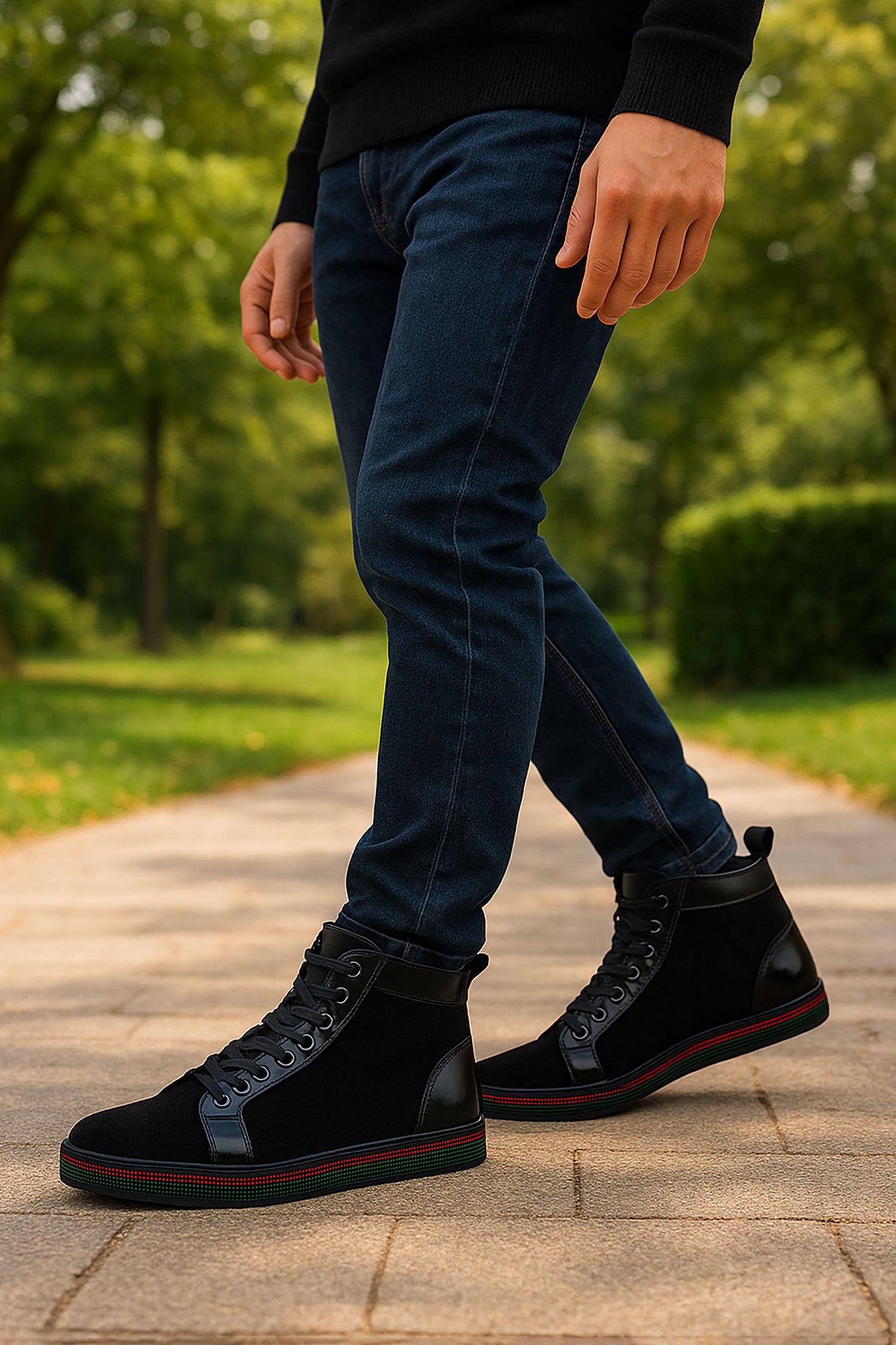 Barabas Men's Red Green Rhinestone Black Velvet Sneakers SH720