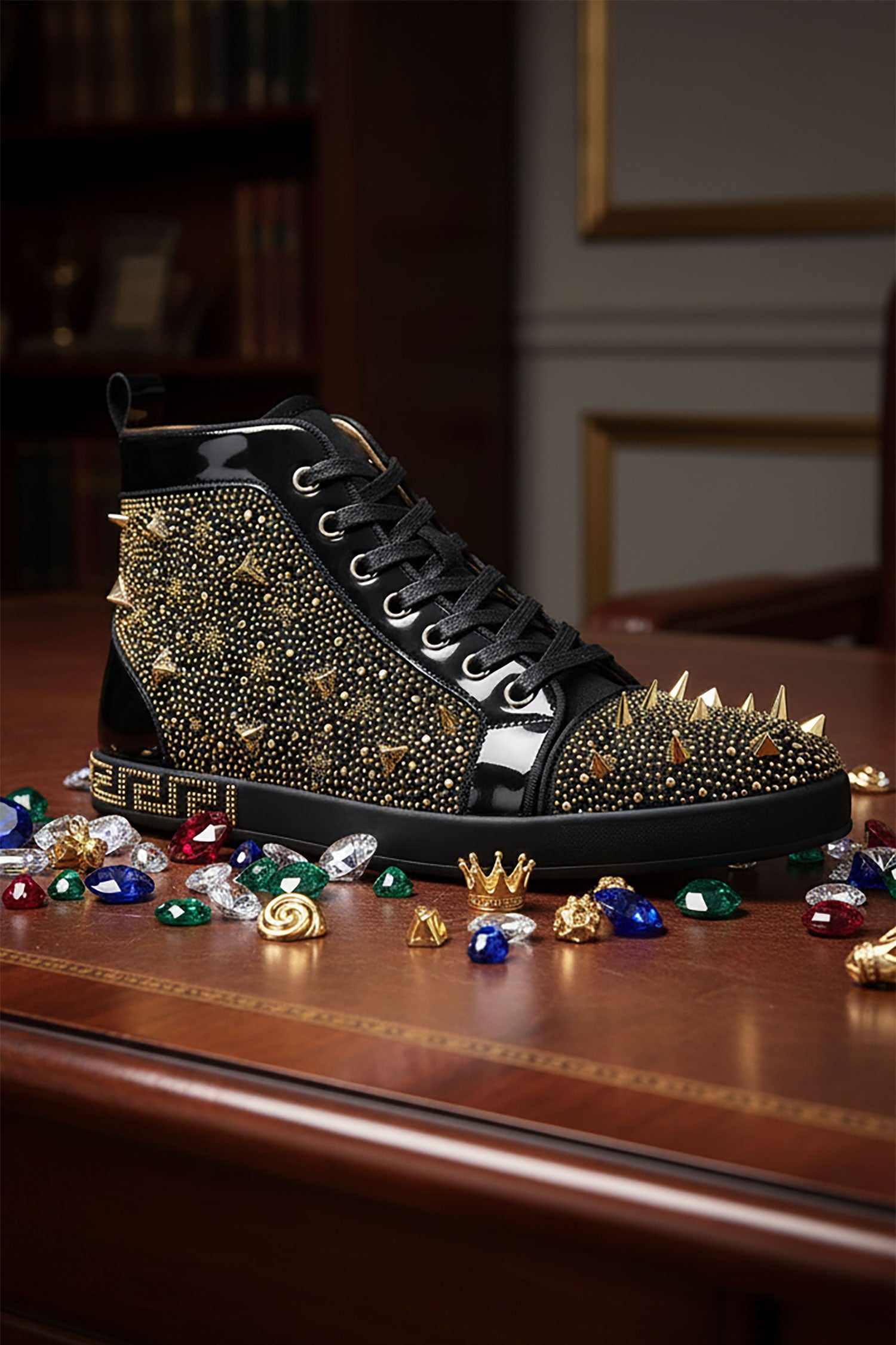 Barabas men's rhinestone spike Greek pattern high-top sneakers SH721 Black Gold