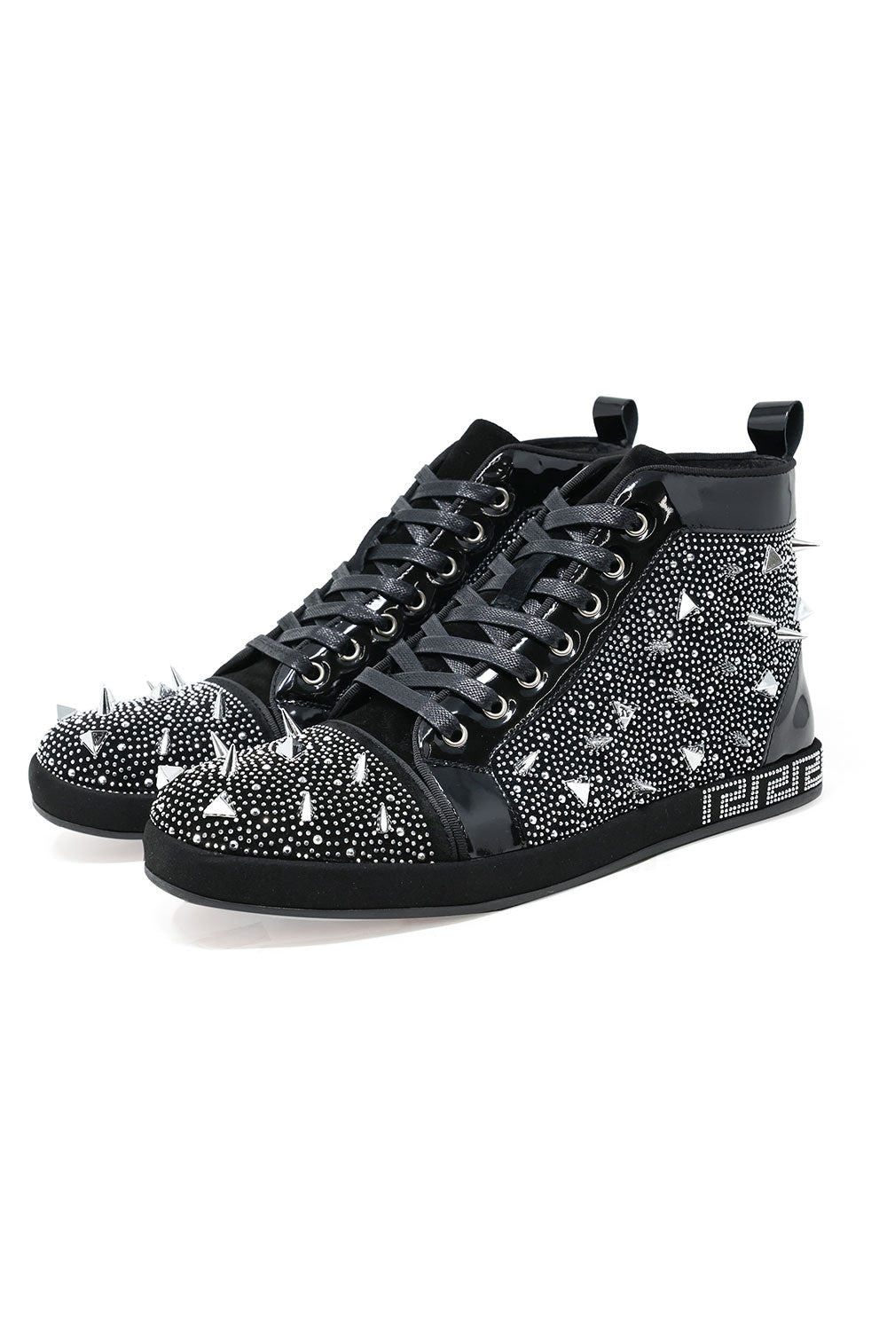 Barabas men's rhinestone spike Greek pattern high-top sneakers SH721 Black silver