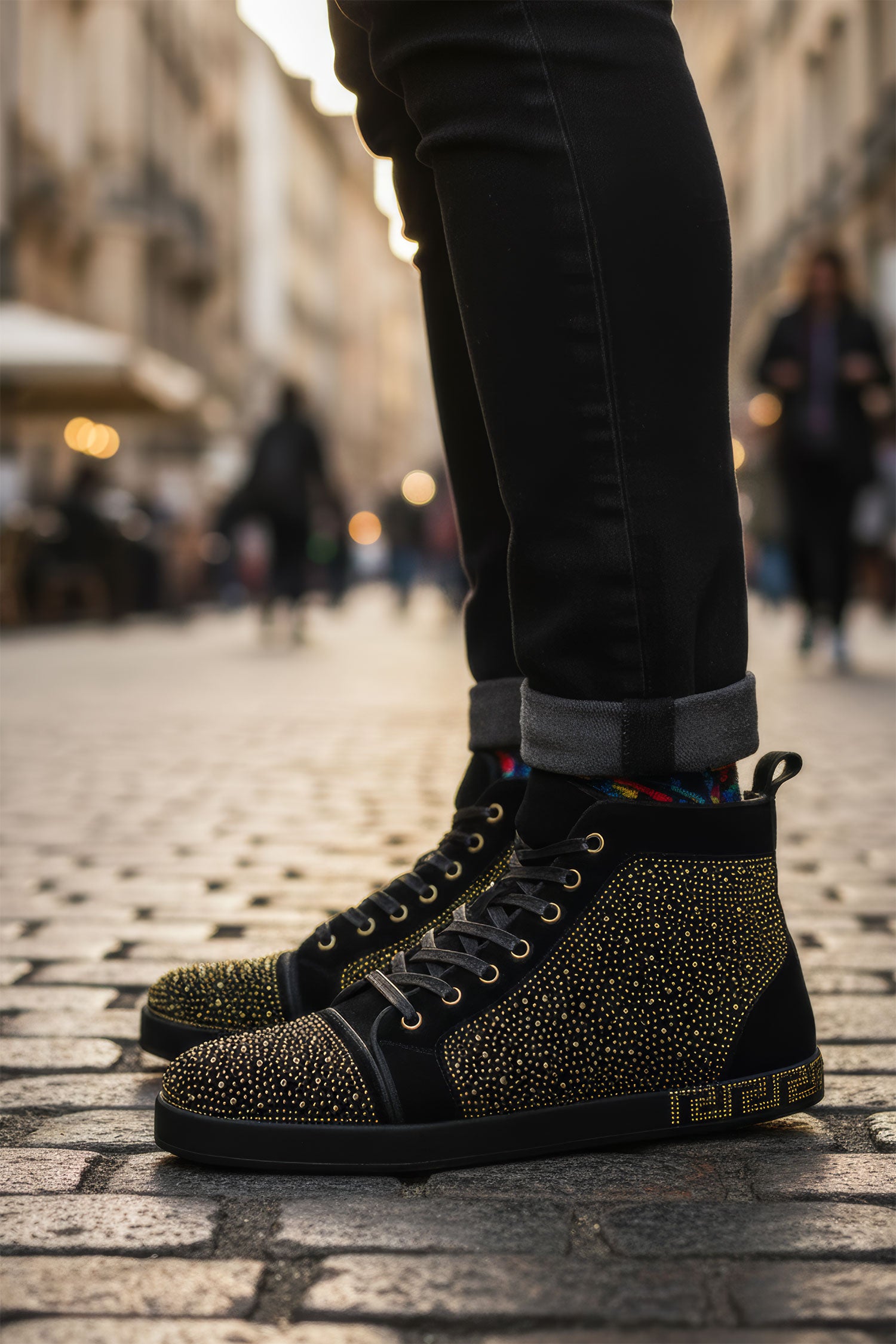 Barabas men's luxury Greek pattern rhinestone high-top sneakers SH724 gold