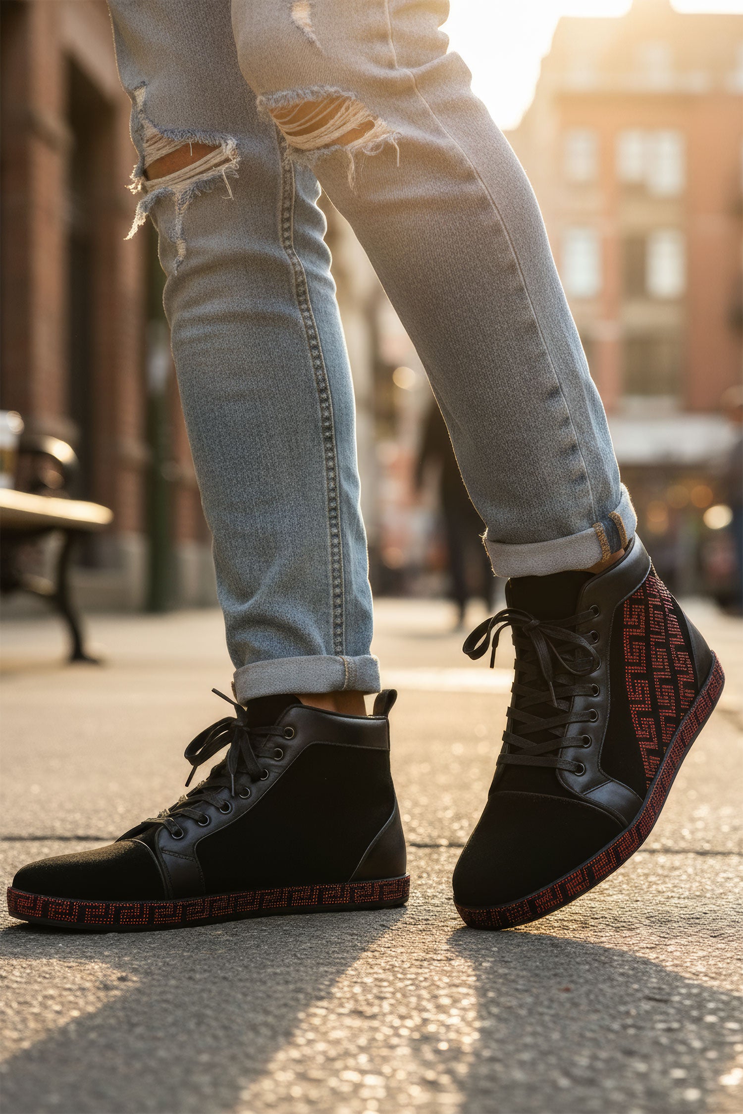 Barabas Men's Rhinestone Greek Pattern Design High Top Sneakers SH729  Black Red