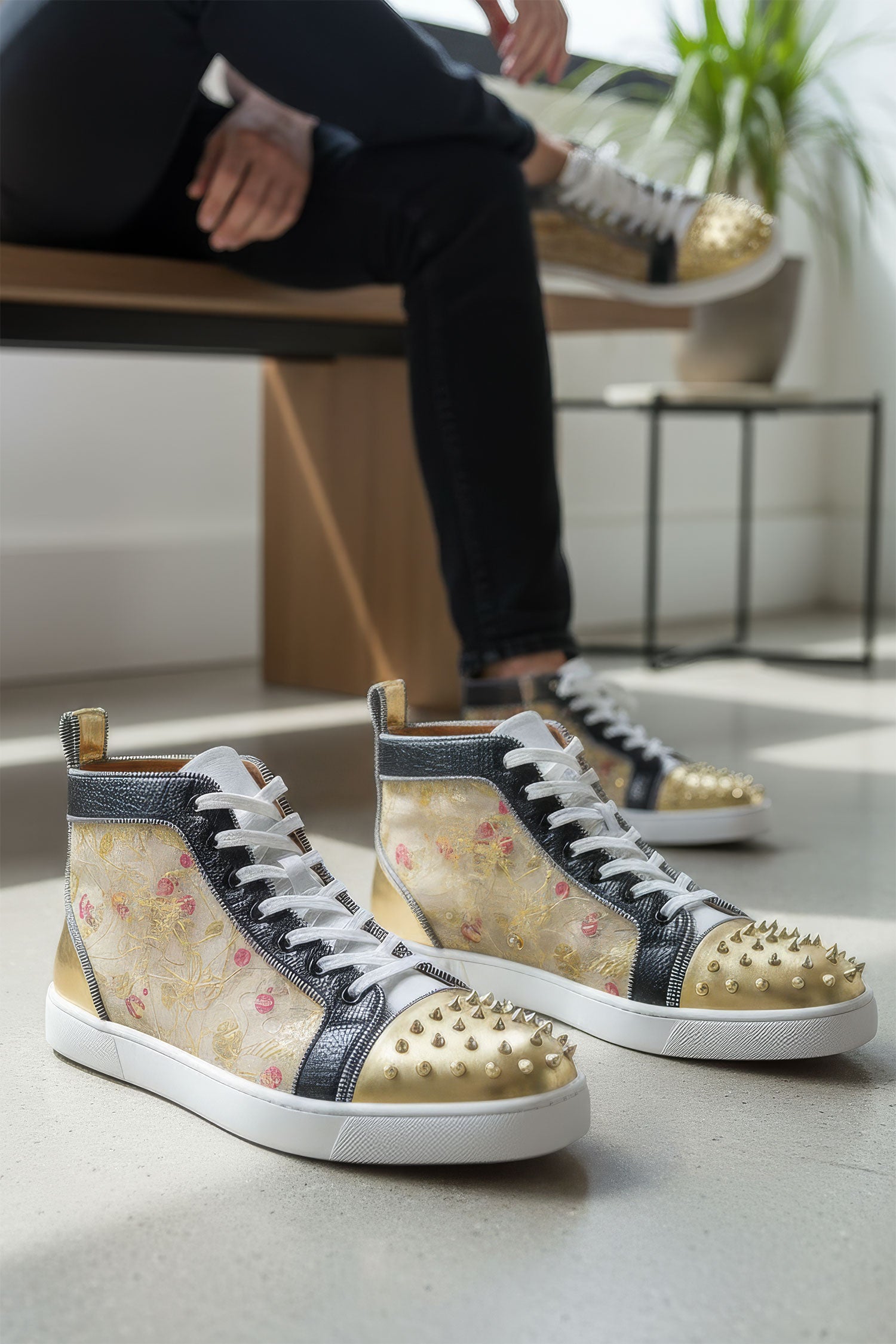 Barabas Men's Spike Floral Shiny Design High-Top Luxury Sneakers SH731 Gold