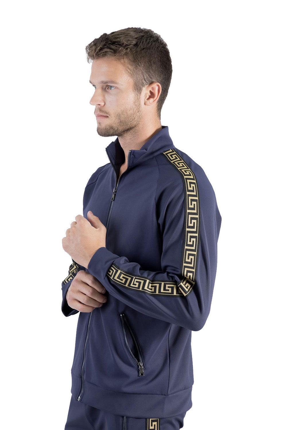 BARABAS Men's Greek Key Pattern Zipper Tracking Suit Jacket SJ100 Navy