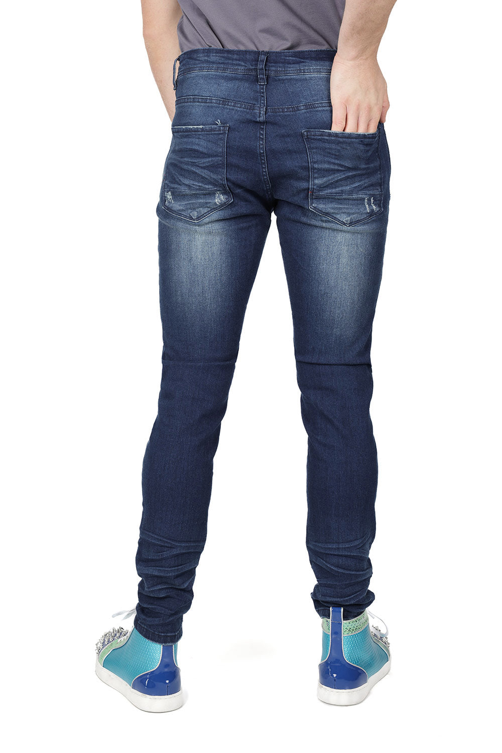 BARABAS Men's Distressed Blue Black Grey Denim Jeans SN8850 Midnight Blue