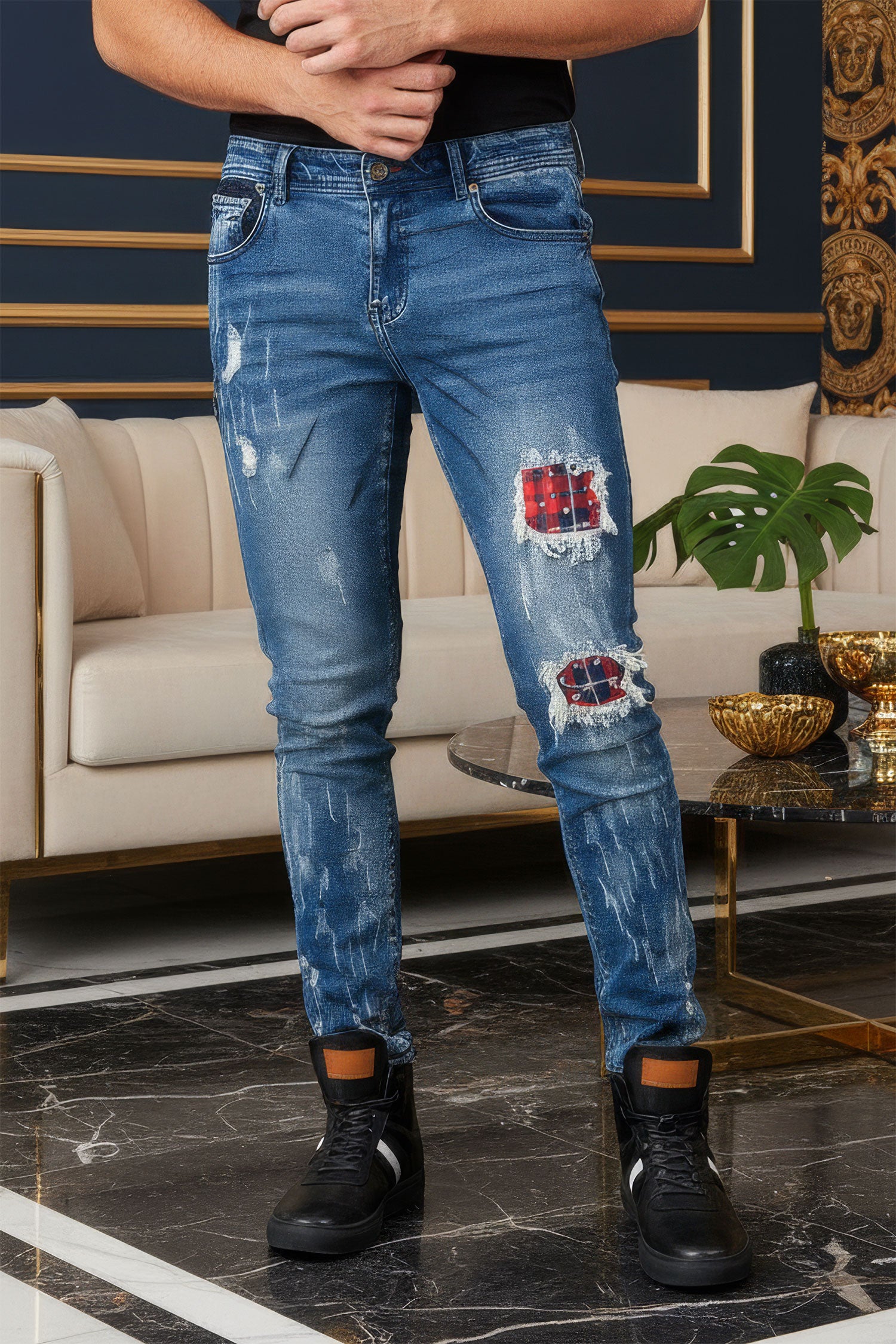 BARABAS Men's Ripped Plaid Patches Rhinestone Spike Denim Jeans SN8864 Blue