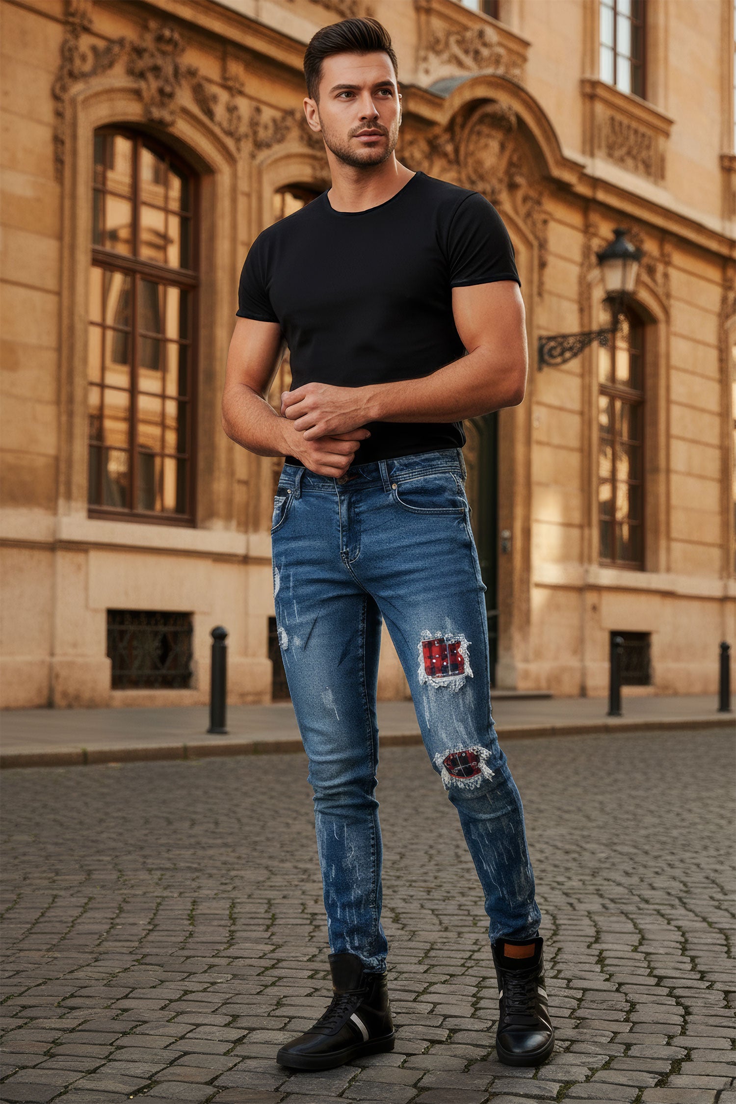 BARABAS Men's Ripped Plaid Patches Rhinestone Spike Denim Jeans SN8864 Blue