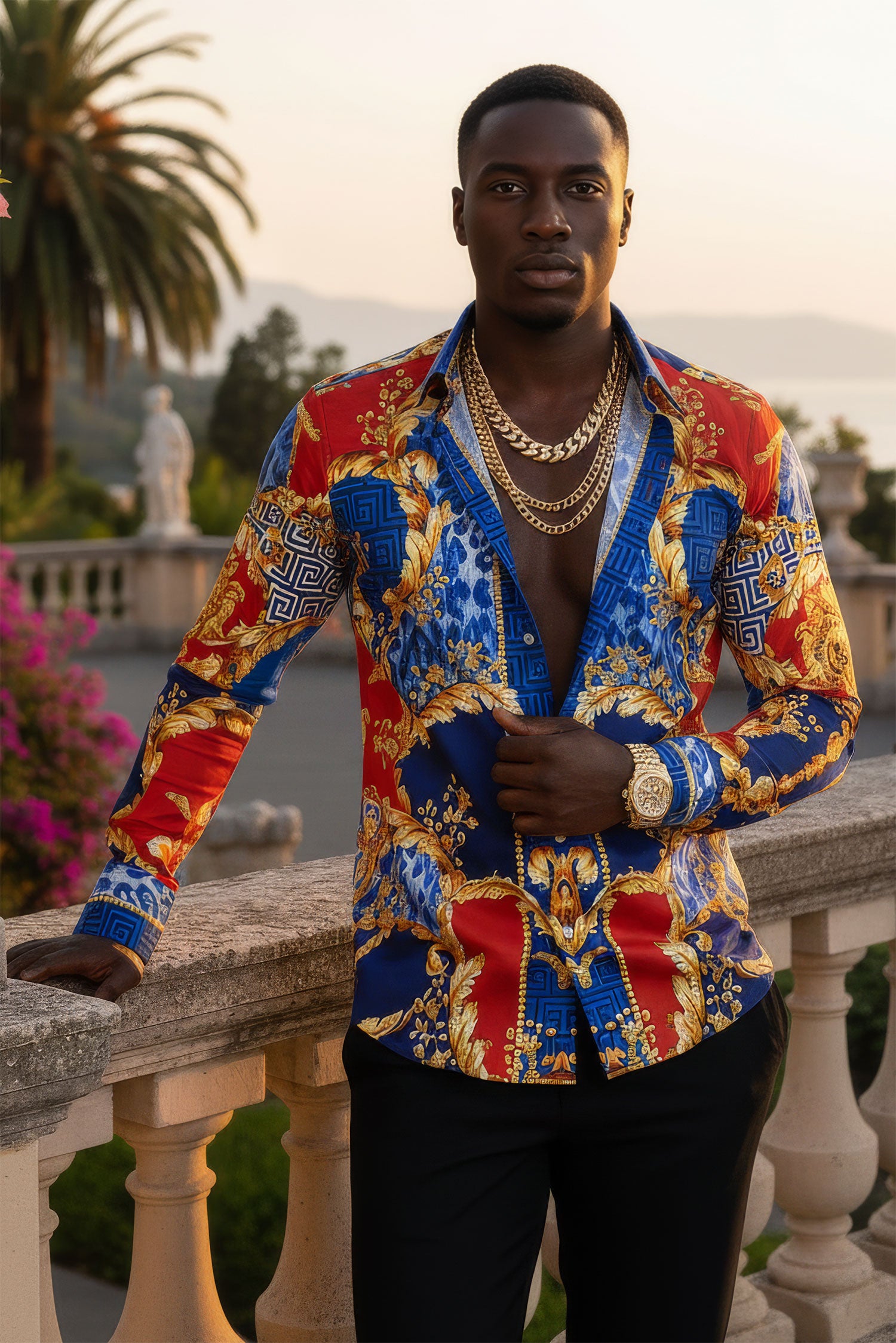 BARABAS Men's Medusa Floral Greek Key Button Down Baroque Shirt SP01 Blue