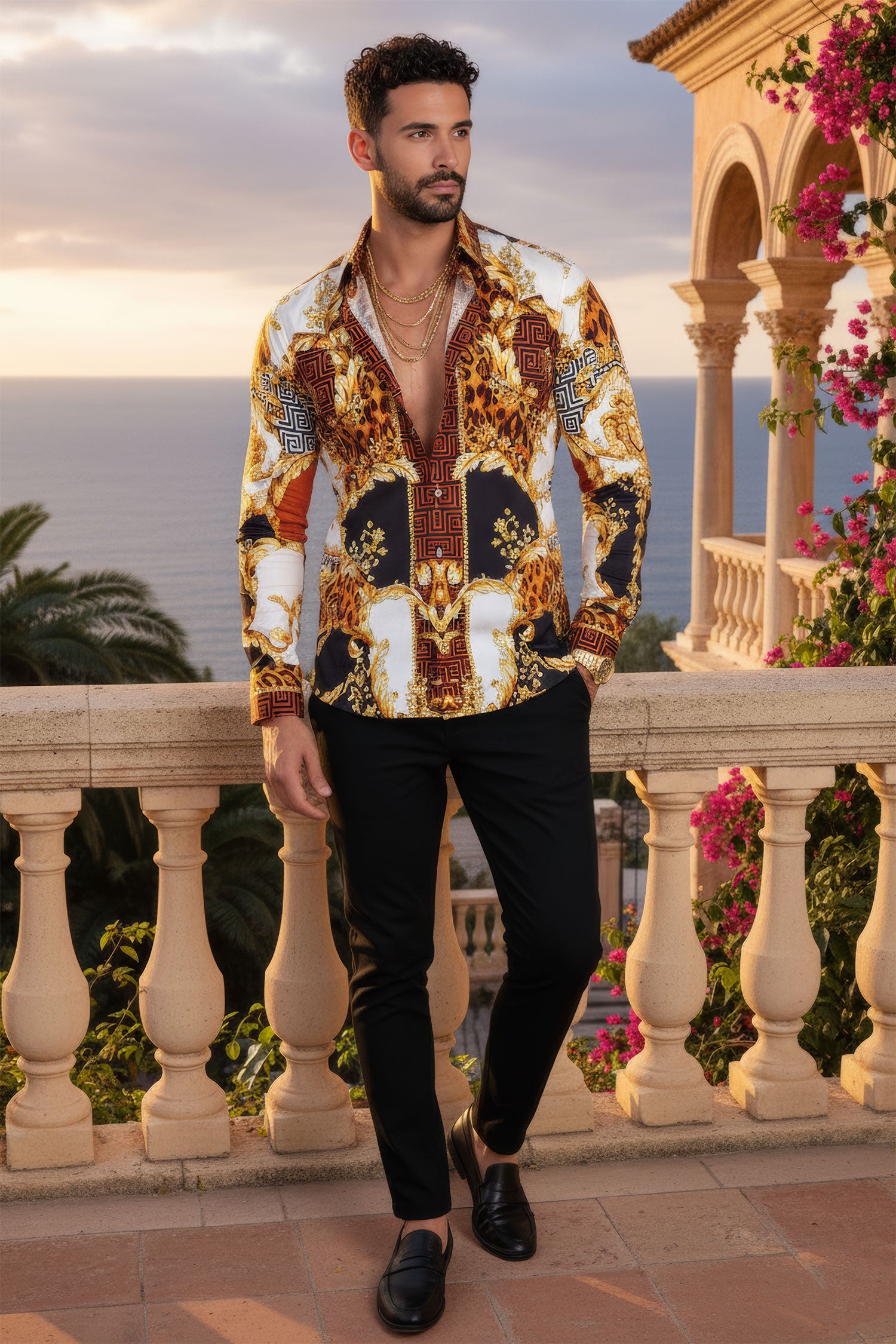 BARABAS Men's Medusa Floral Greek Key Button Down Baroque Shirt SP01 Gold