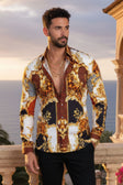 BARABAS Men's Medusa Floral Greek Key Button Down Baroque Shirt SP01 #Color_Saddle