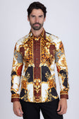 BARABAS Men's Medusa Floral Greek Key Button Down Baroque Shirt SP01 #Color_Saddle