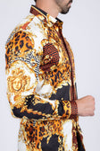 BARABAS Men's Medusa Floral Greek Key Button Down Baroque Shirt SP01 #Color_Saddle